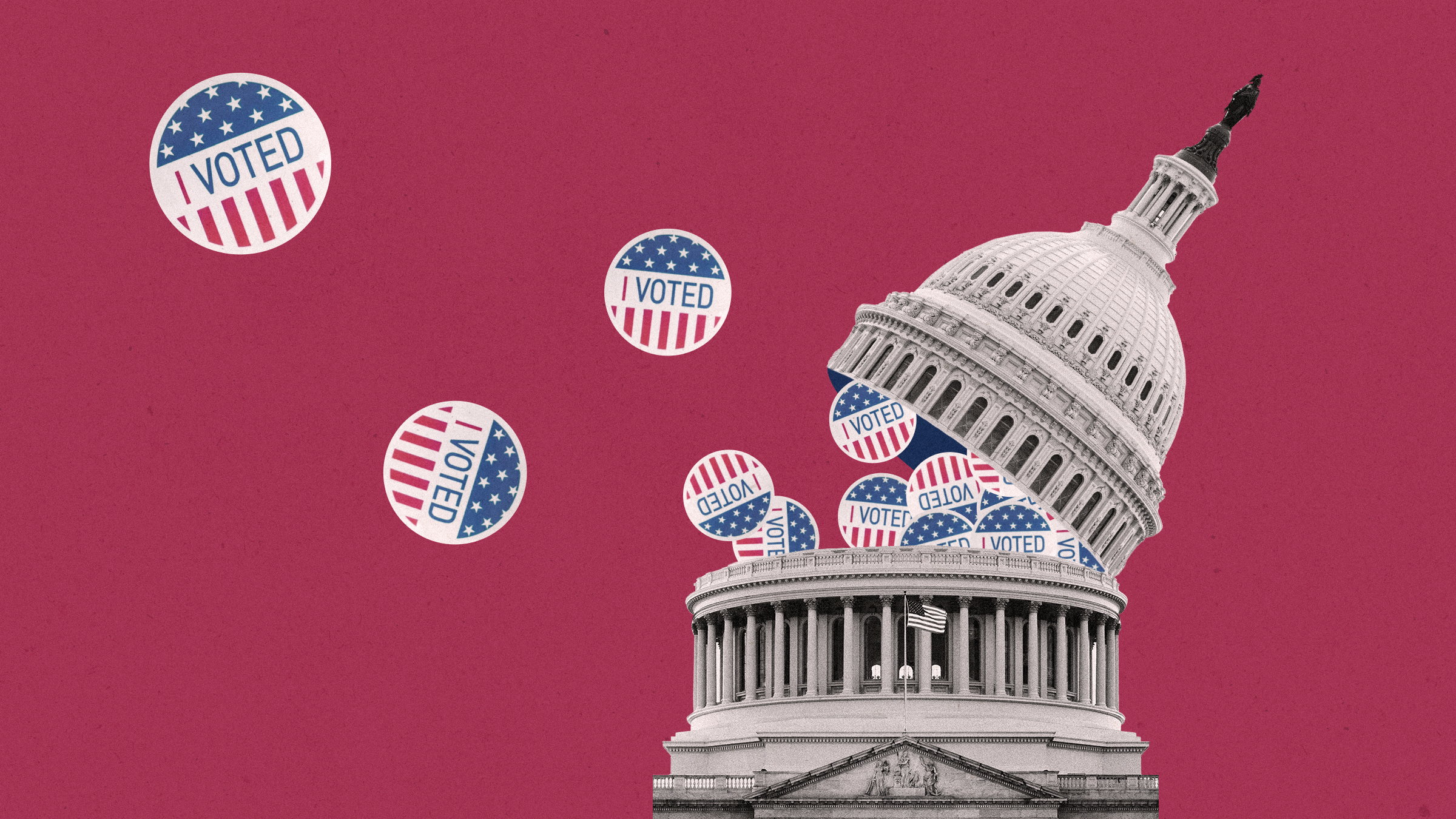 Illustration of Capitol building opening with voting stickers floating out