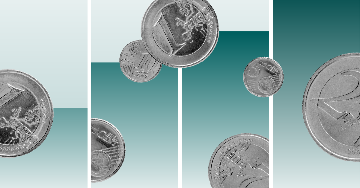 Photo collage illustration of bar graphs with floating euro coins