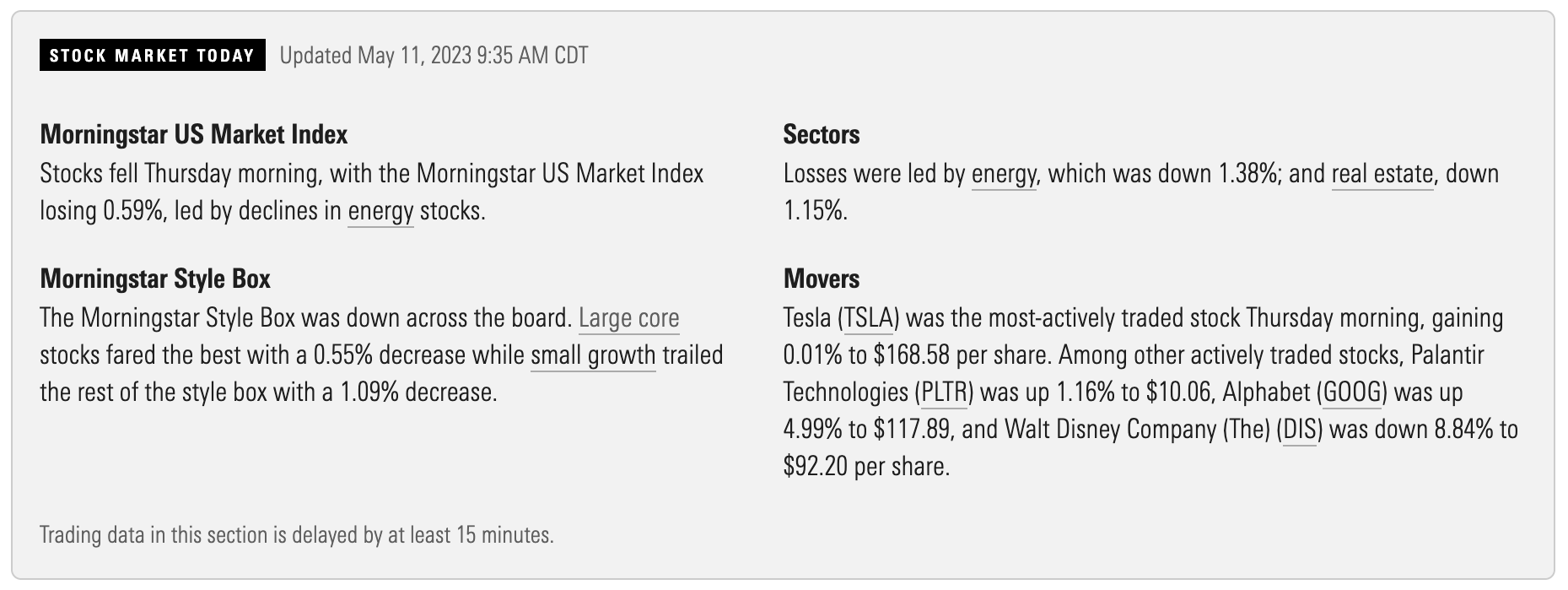 Screenshot of the new Markets smart text feature on the Markets page on Morningstar.com