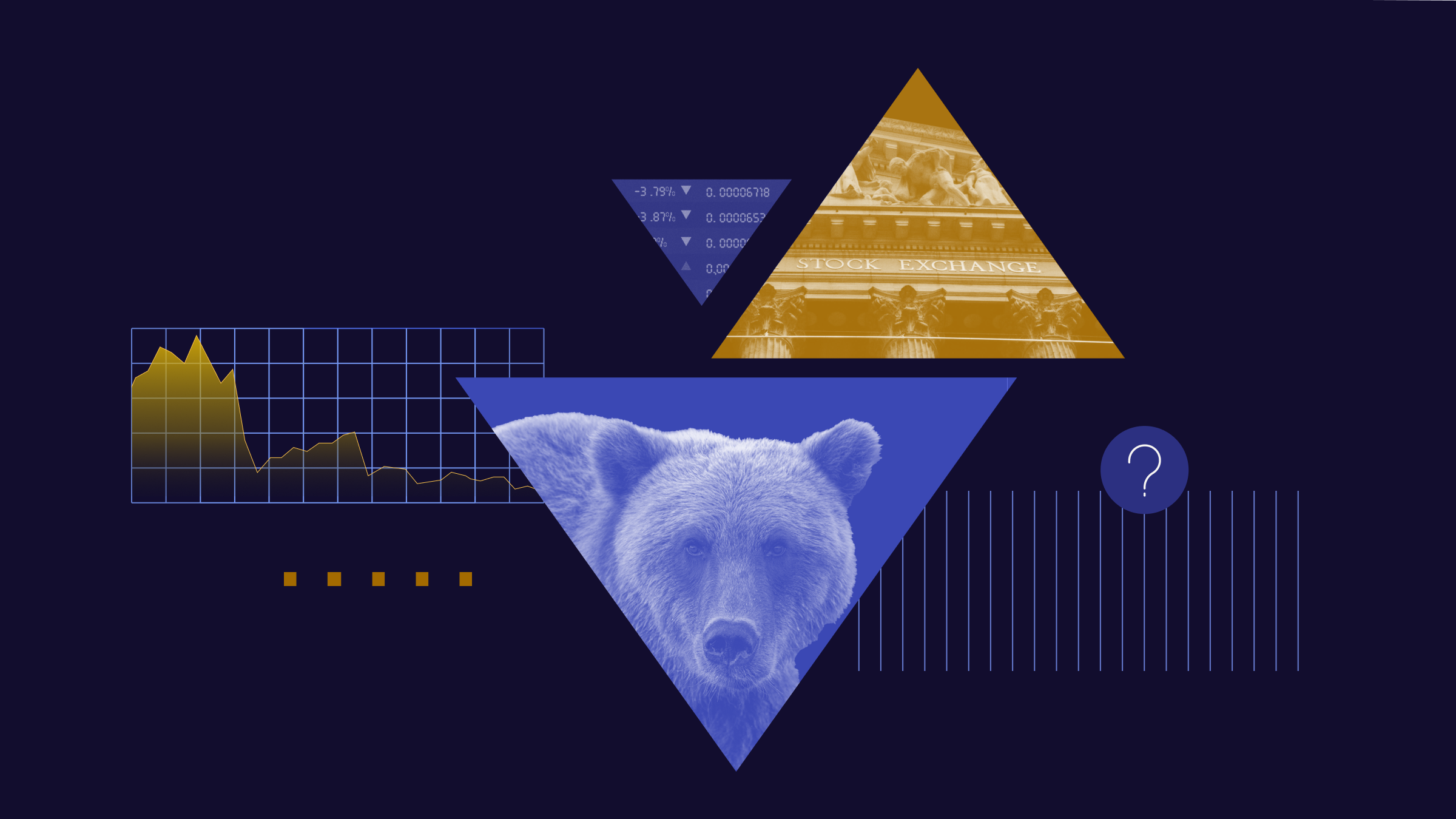 Illustration of up and down triangles containing images of a bear, stock exchange building, and stock ticker board, with background graphics.