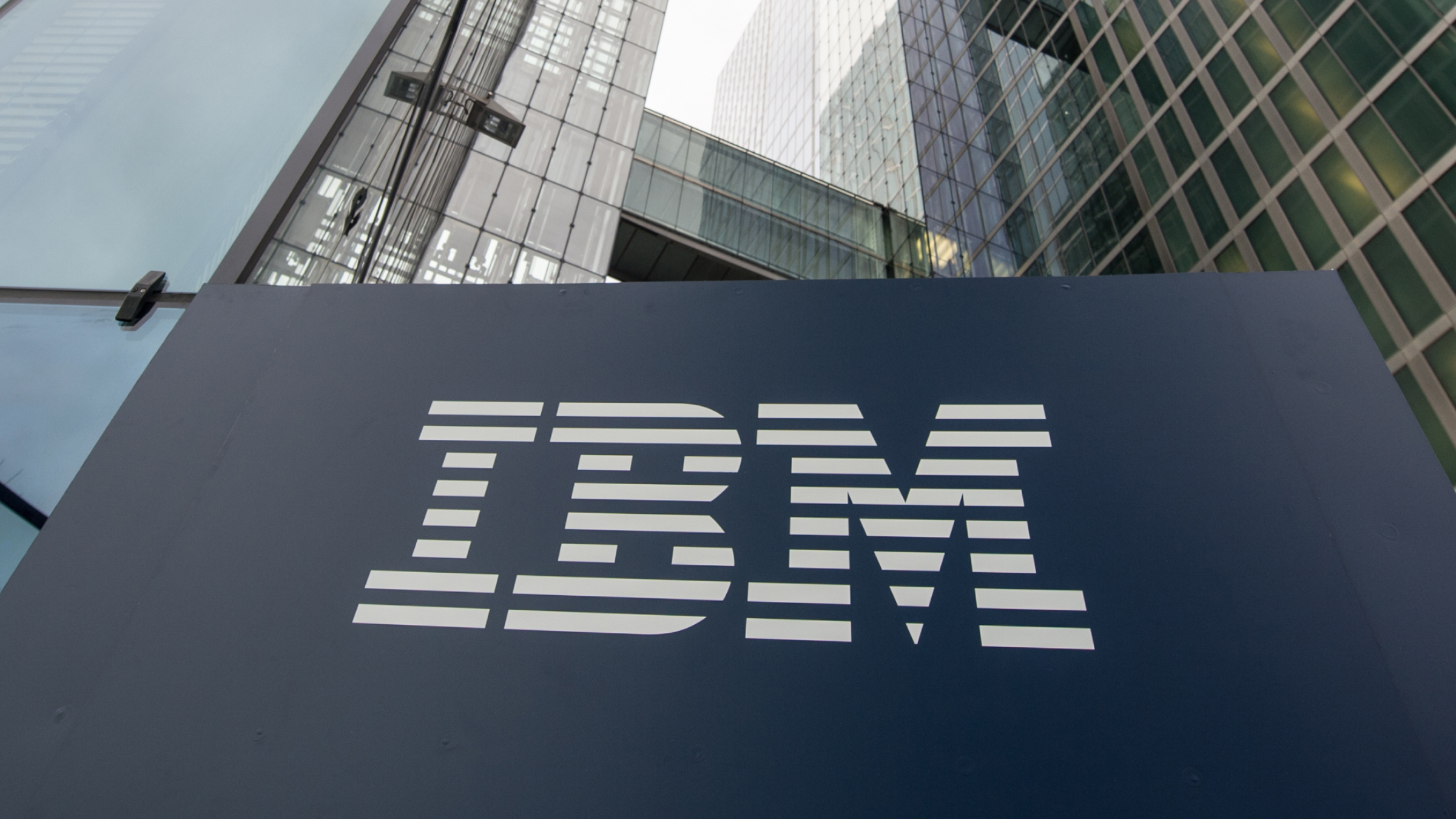 The logo of IBM is seen at the entrance to the Highlight Towers in Munich, Germany.