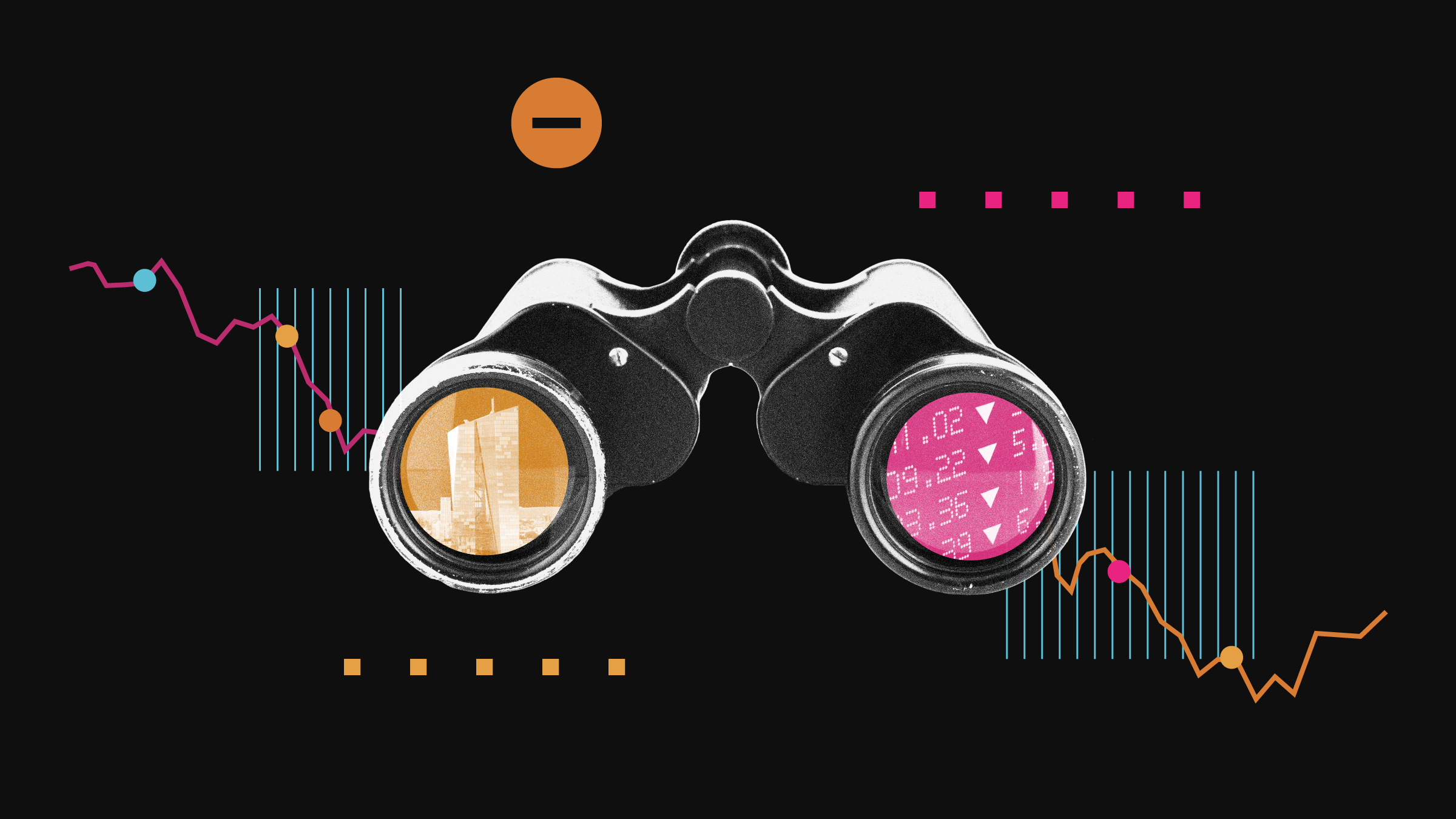 Illustration on binoculars with graphical elements and time series graph in the background