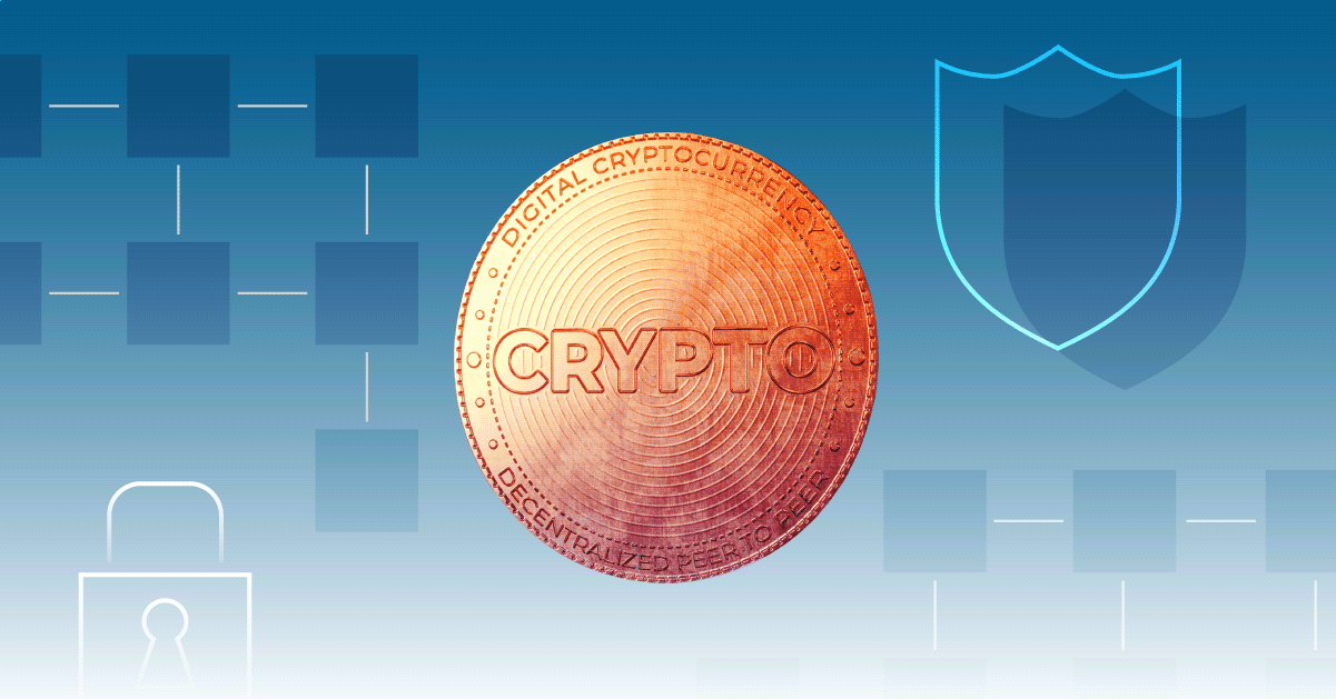 Illustration shows coin with the word crypto emblazoned on it.