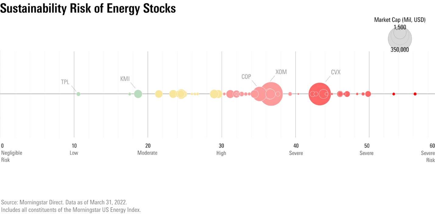 The companies in the Morningstar U.S. Energy index, organized by ESG risk score and sized according to their market cap.