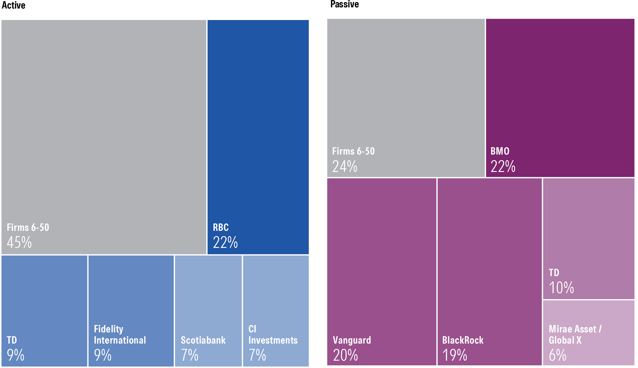 A graphic showing the market share concentration of each fund family across active and passive assets under management.