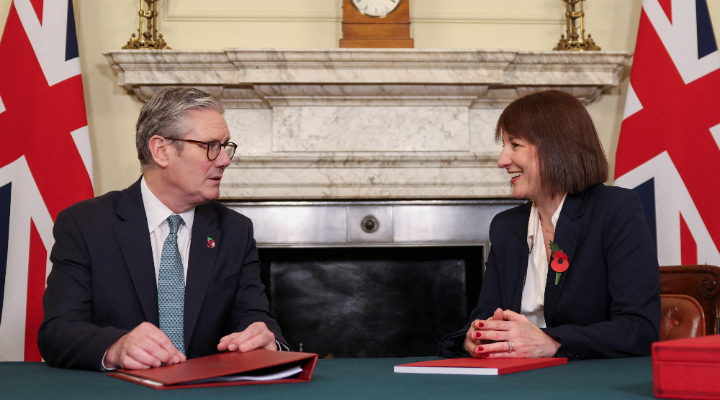 Britain's Prime Minister Keir Starmer, left, meets with Britain's Chancellor of the Exchequer Rachel Reeves, days before the announcement on the first budget of the new Labour government, at Downing Street in London, Britain, Monday, Oct. 28, 2024. (Hollie Adams/Pool Photo via AP)