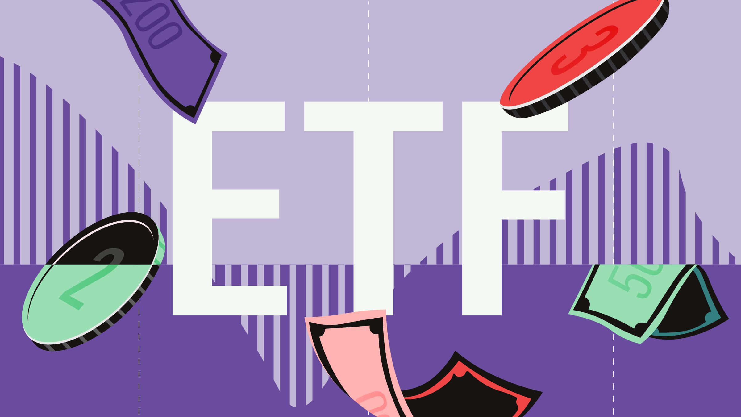 Illustration of generic coins and bills floating over graph with the &apos;ETF&apos; in the center