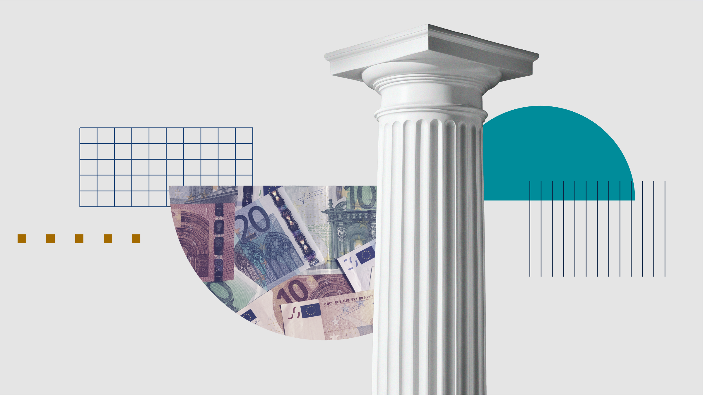 Collage ilustrado con una columna y la moneda euro
