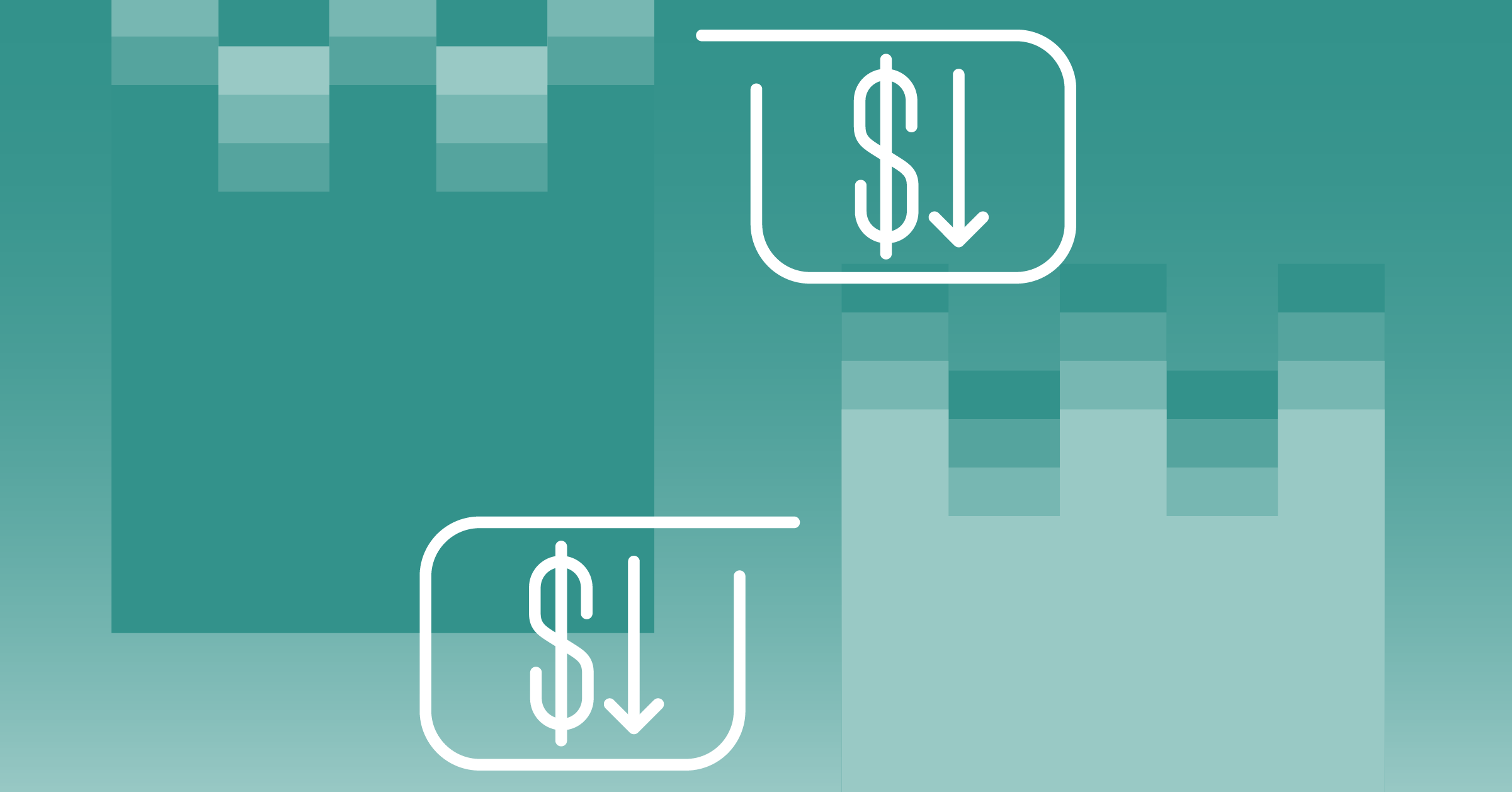 photograph of two squares, dollar signs, and arrows pointing down on a teal background