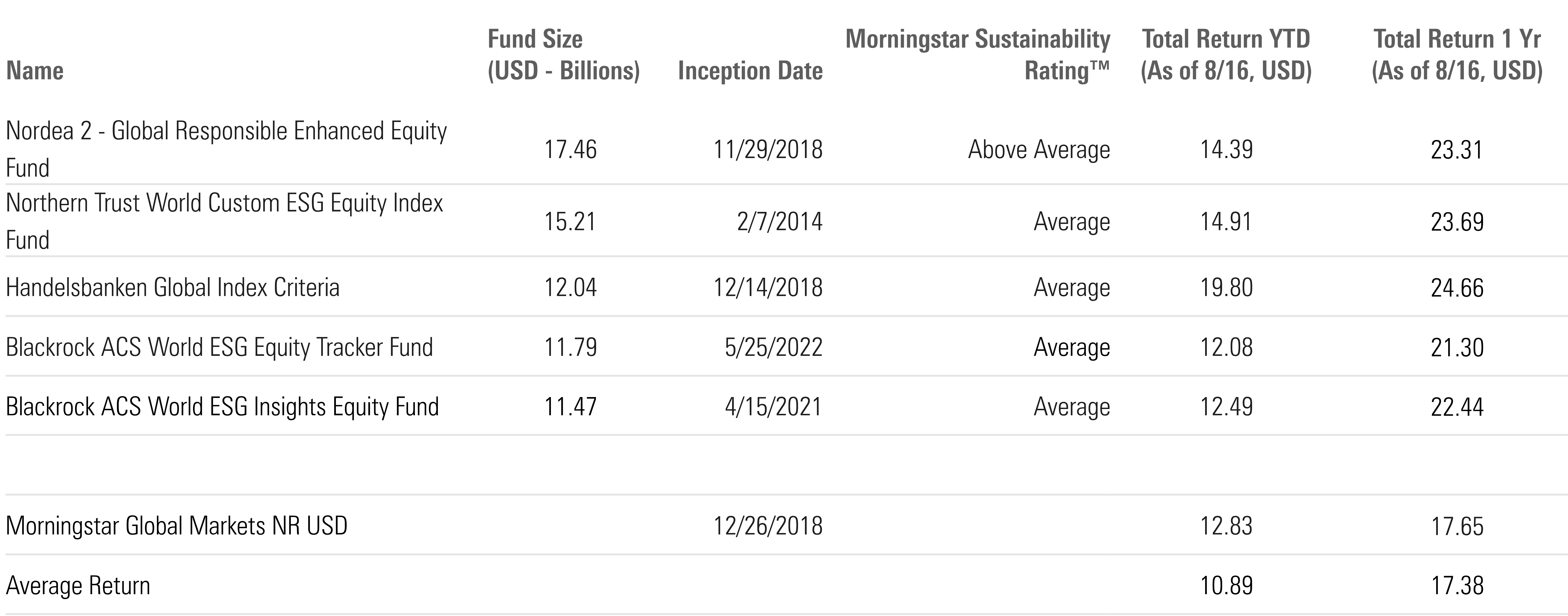 Table showing the 5 Largest Sustainable Large Cap Funds excluding U.S. Domiciled funds