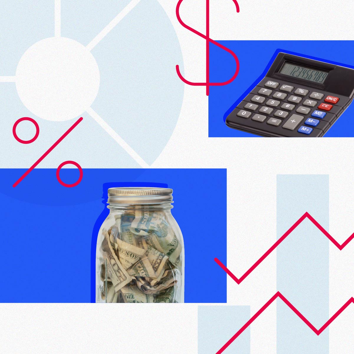Collage of mason jar filled with dollar bills and a calculator along with outlined illustrations of a dollar sign, a chart and a percentage sign