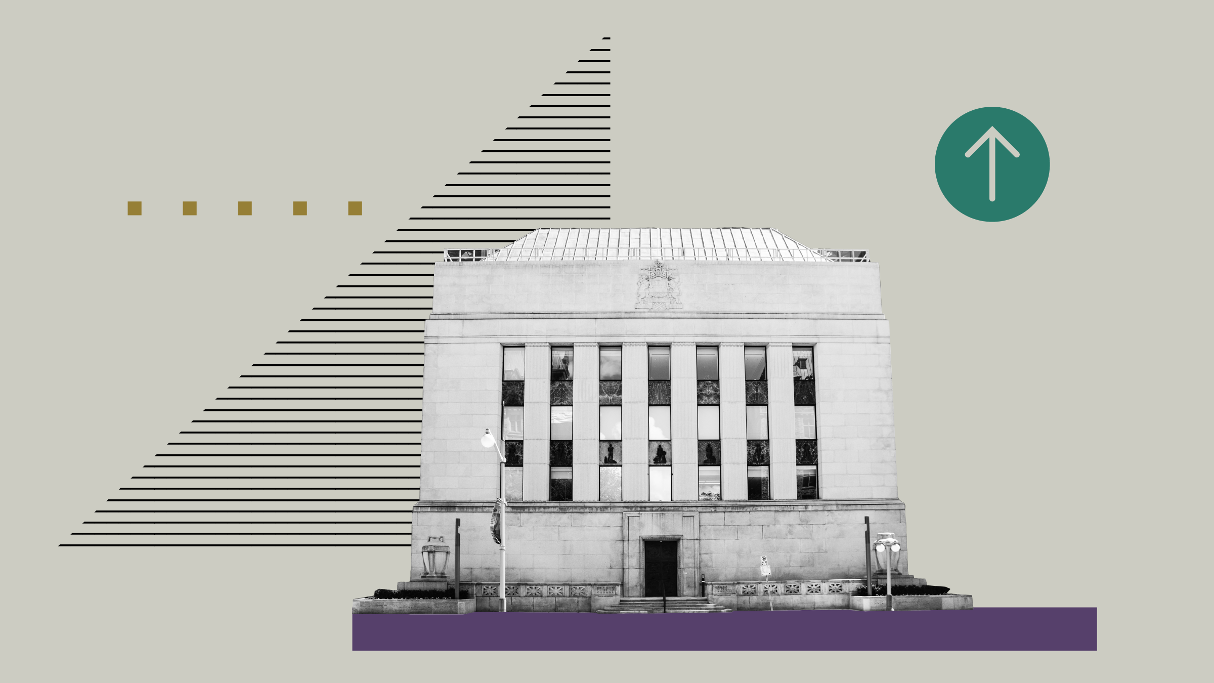 Collage illustration of the Bank of Canada with background shapes and icons