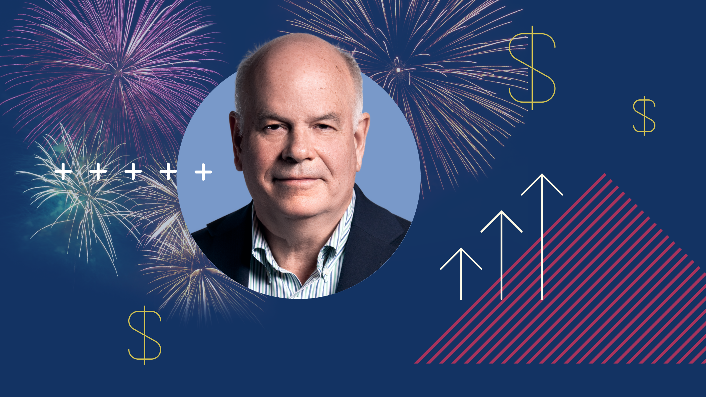 Collage illustration of John Rekenthaler surrounded by fireworks, with icons of up arrows, plus signs, and dollar signs.