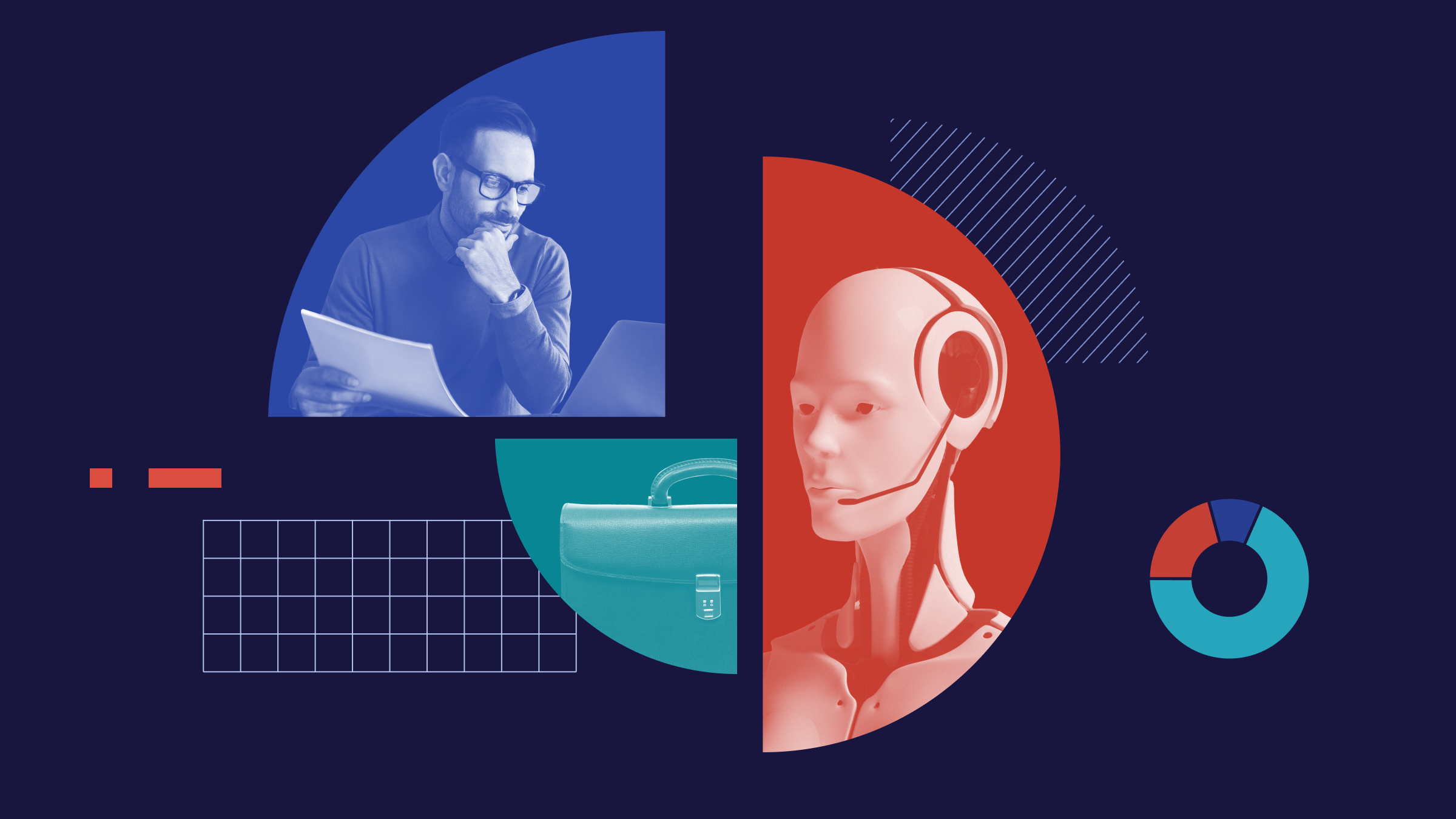 Collage illustration featuring a deconstructed pie chart, with images of an investor viewing a computer, a portfolio, and an avatar.