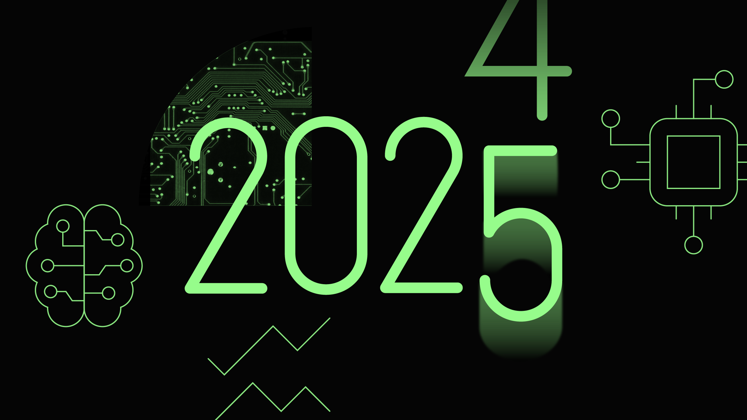 Collage with the year &quot;2025&quot; at the center, a fading numeral 4 above, and icons and photos in the background