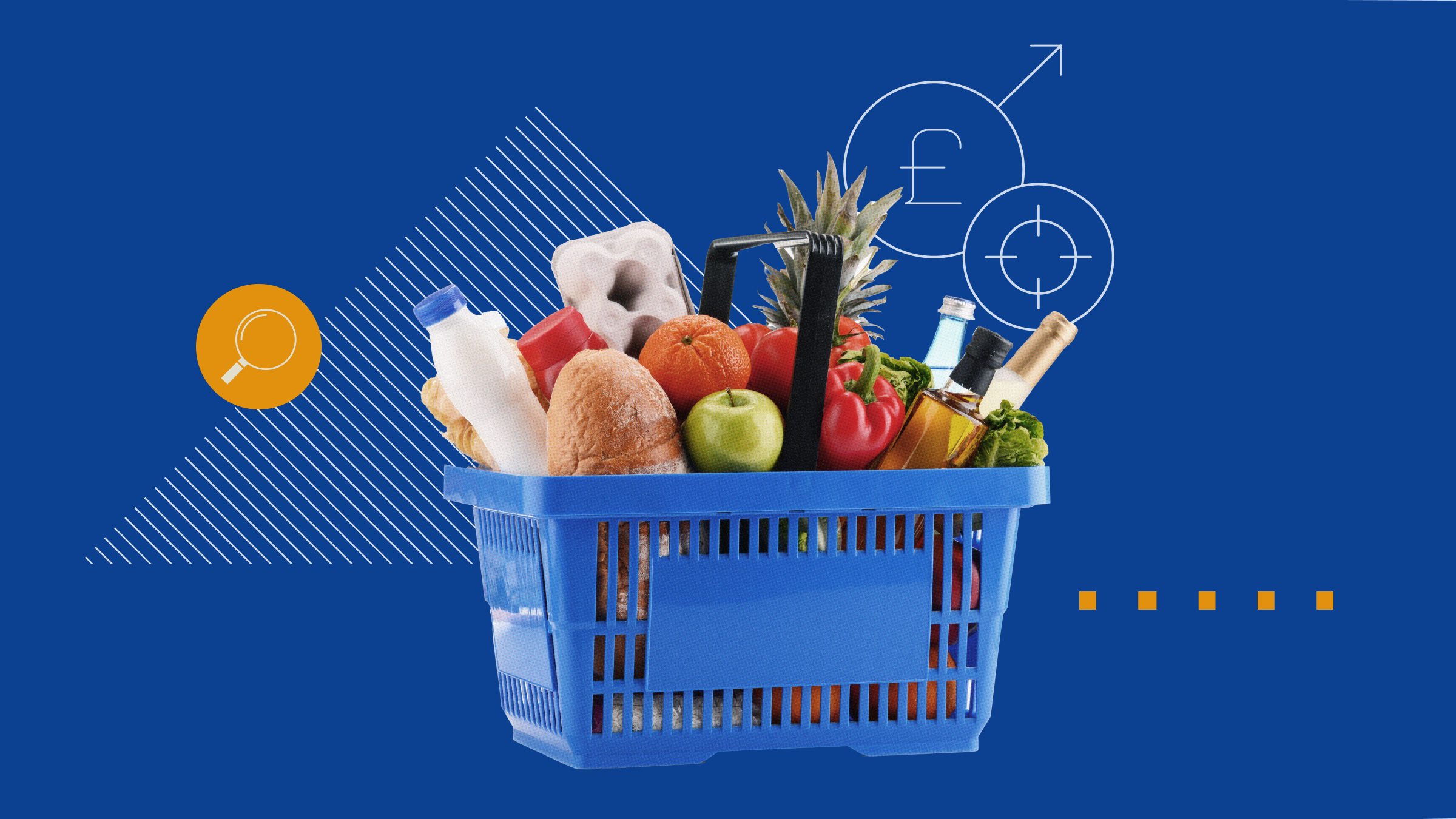 Collage illustration of a basket filled with groceries, featuring a sterling icon and a magnifying glass.