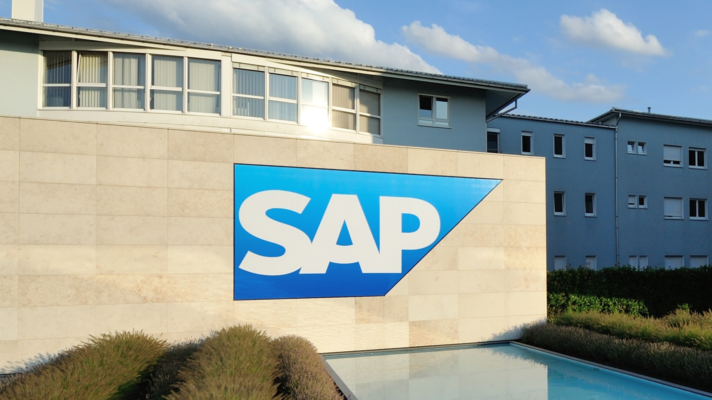 The SAP logo on headquarter exterior.
