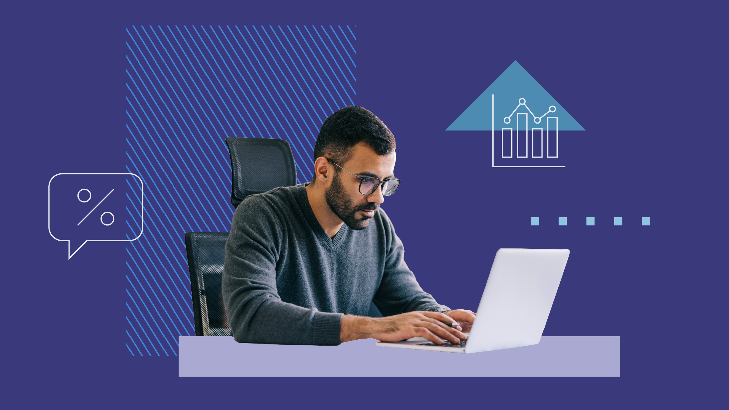 Collage of an investor with a computer, with background shapes and icons