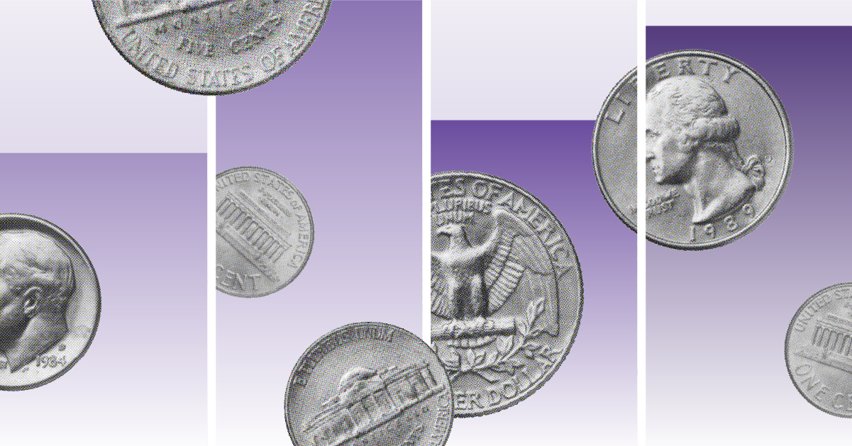 Illustration with coins floating over purple bar graphs