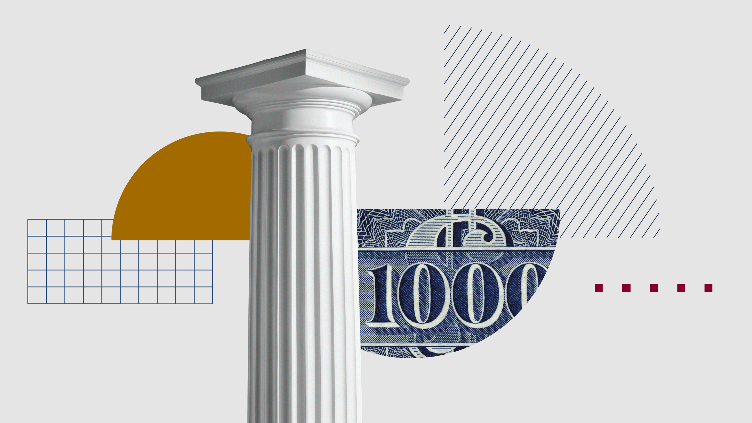 Collage ilustrado con una columna y moneda estadounidense