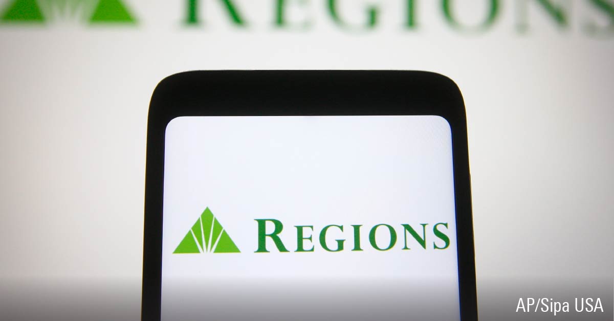 Regions Bank logo displayed on mobile phone