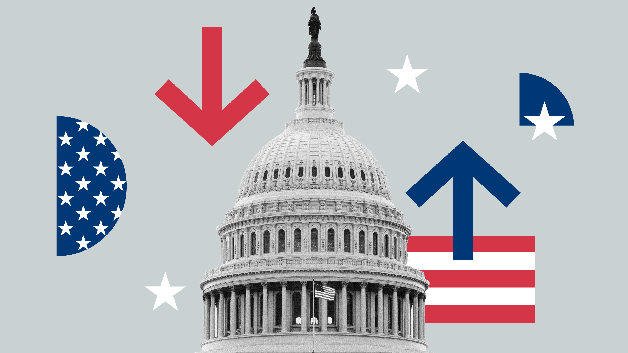 Photo collage illustration: Capitol building peak with American flag elements and arrows depicting election and market uncertainty.