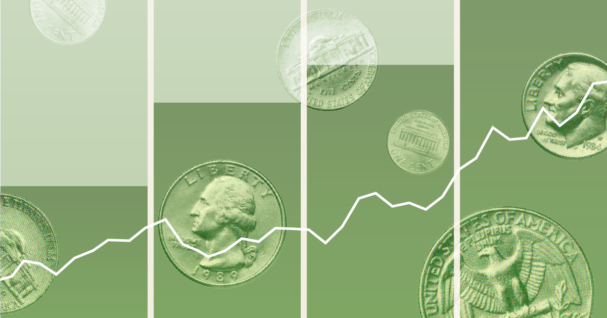 Illustration with coins floating over green bar graphs