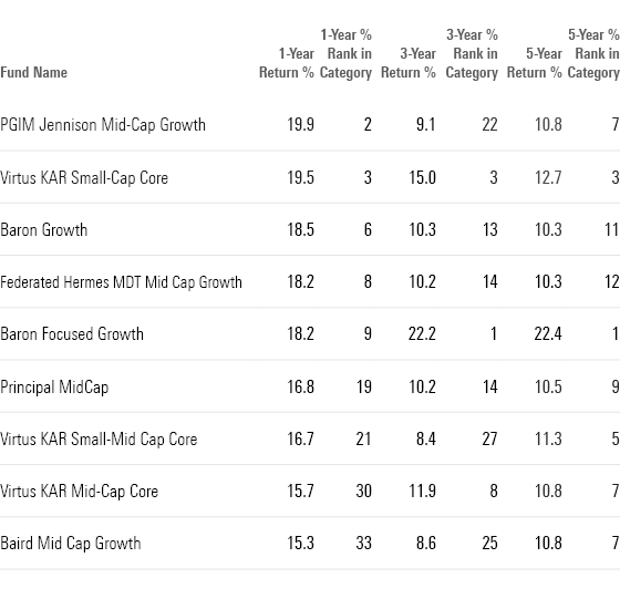 This table shows the 1-year, 3-year, and 5-year return and category rank for the top performing Mid-Cap growth funds.