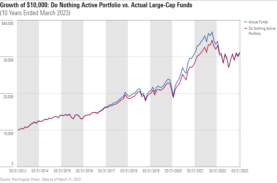 A time series line chart representing the growth of $10,000 for the Do Nothing Active Portfolio versus actual large-cap funds over the past decade.