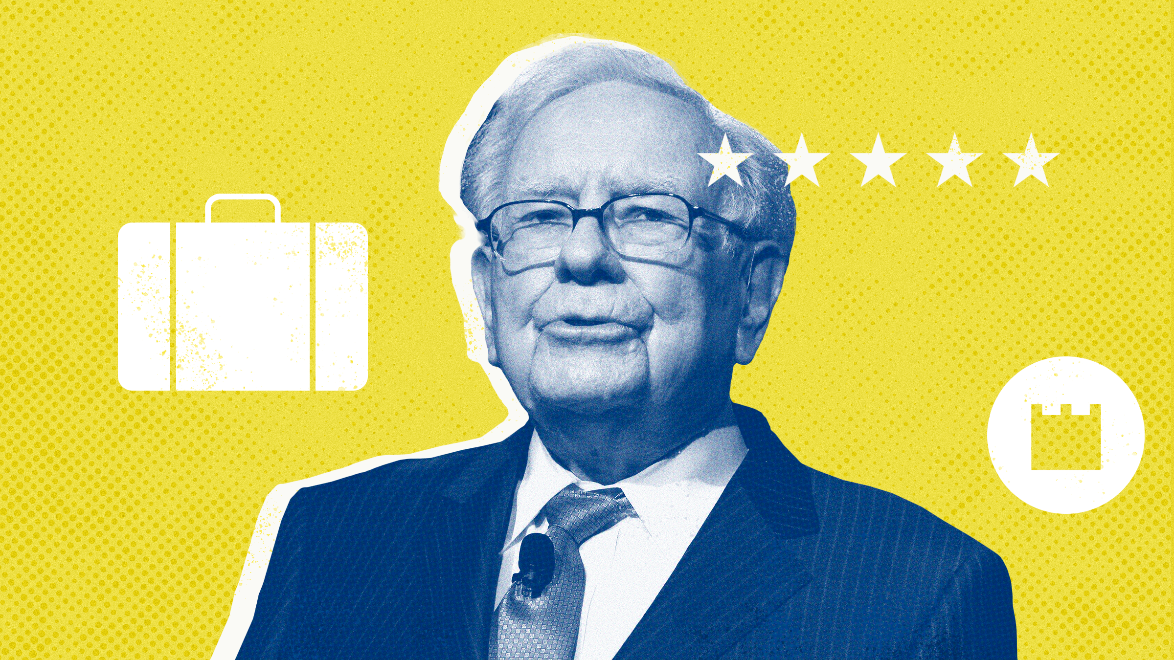 Illustration of Warren Buffett with 5 star rating, portfolio, and moat icons