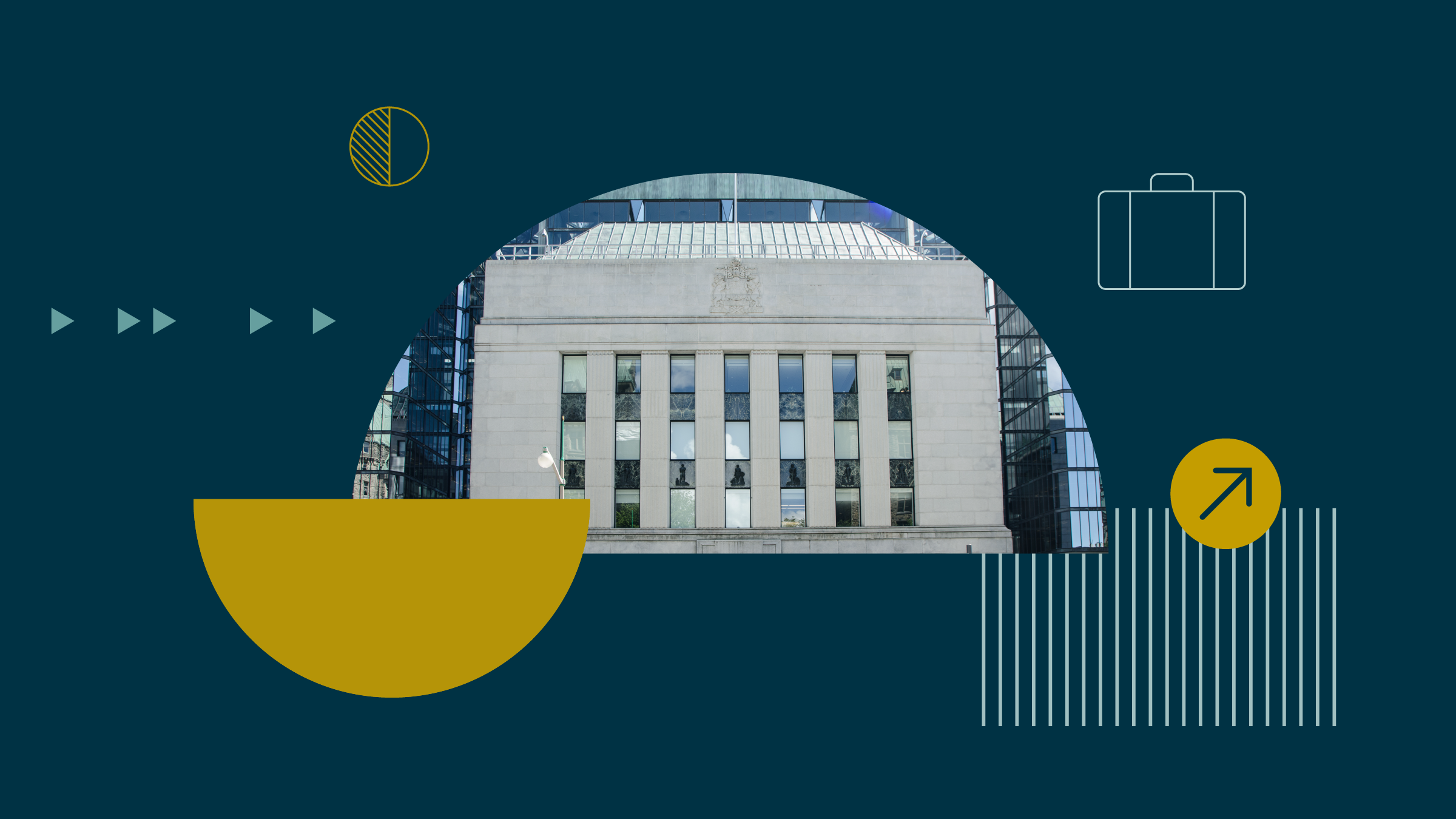 Collage illustration of the Bank of Canada with background shapes and icons