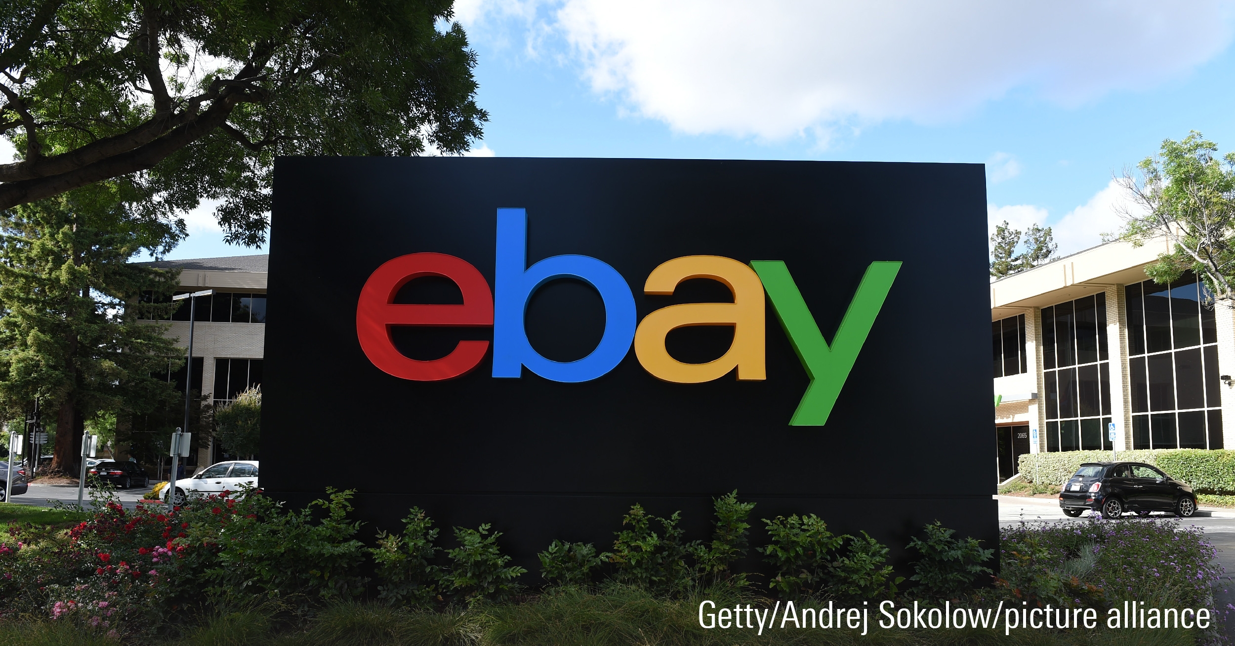 The logo of online auction platform Ebay in front of the Intel headquarters in San Jos&eacute;, US.