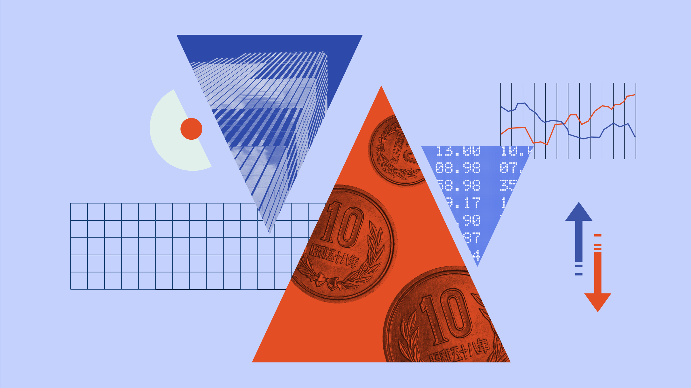 Collage illustration featuring triangles pointing up and down, with photographs of Yen coins and a city building integrated into the design, alongside various graphical elements.