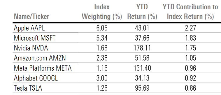 Table that shows the index weighting, year to date return, and year to date contribution to index return for the seven stocks responsible for almost three-quarters of the market's gains.