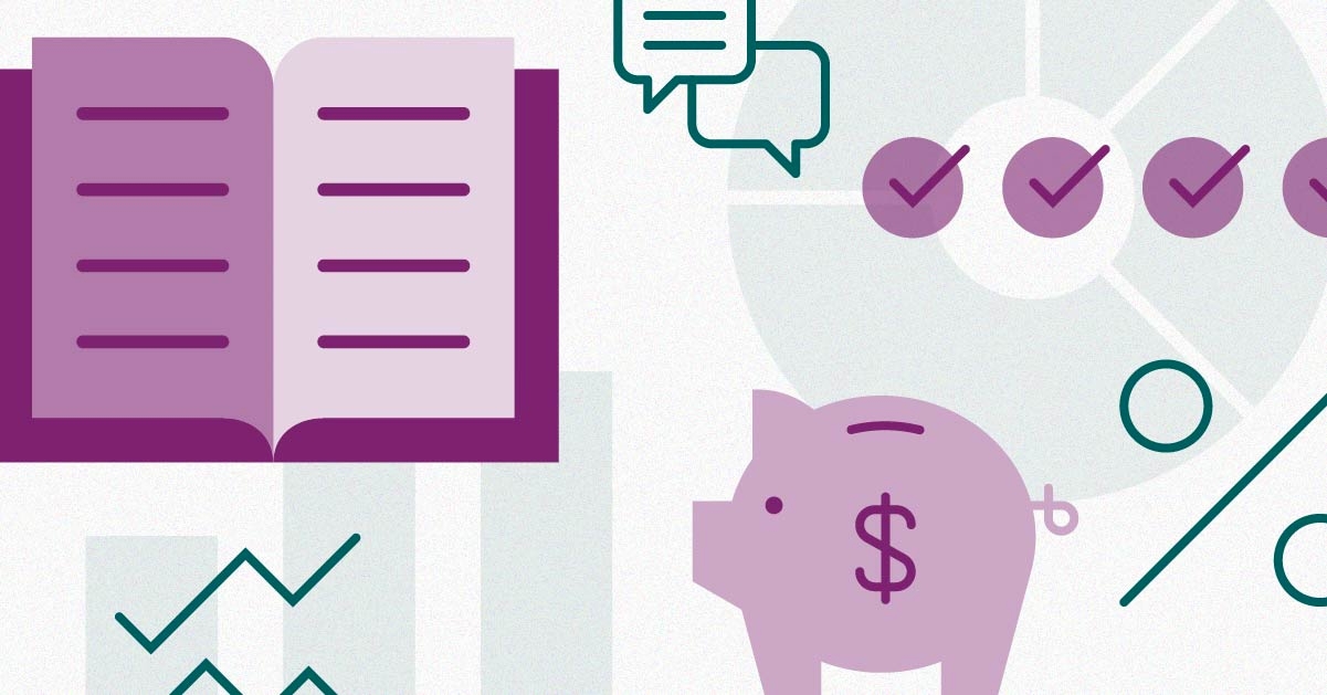 Illustrative collage of an open book and piggy bank along with some decorative charts and symbols