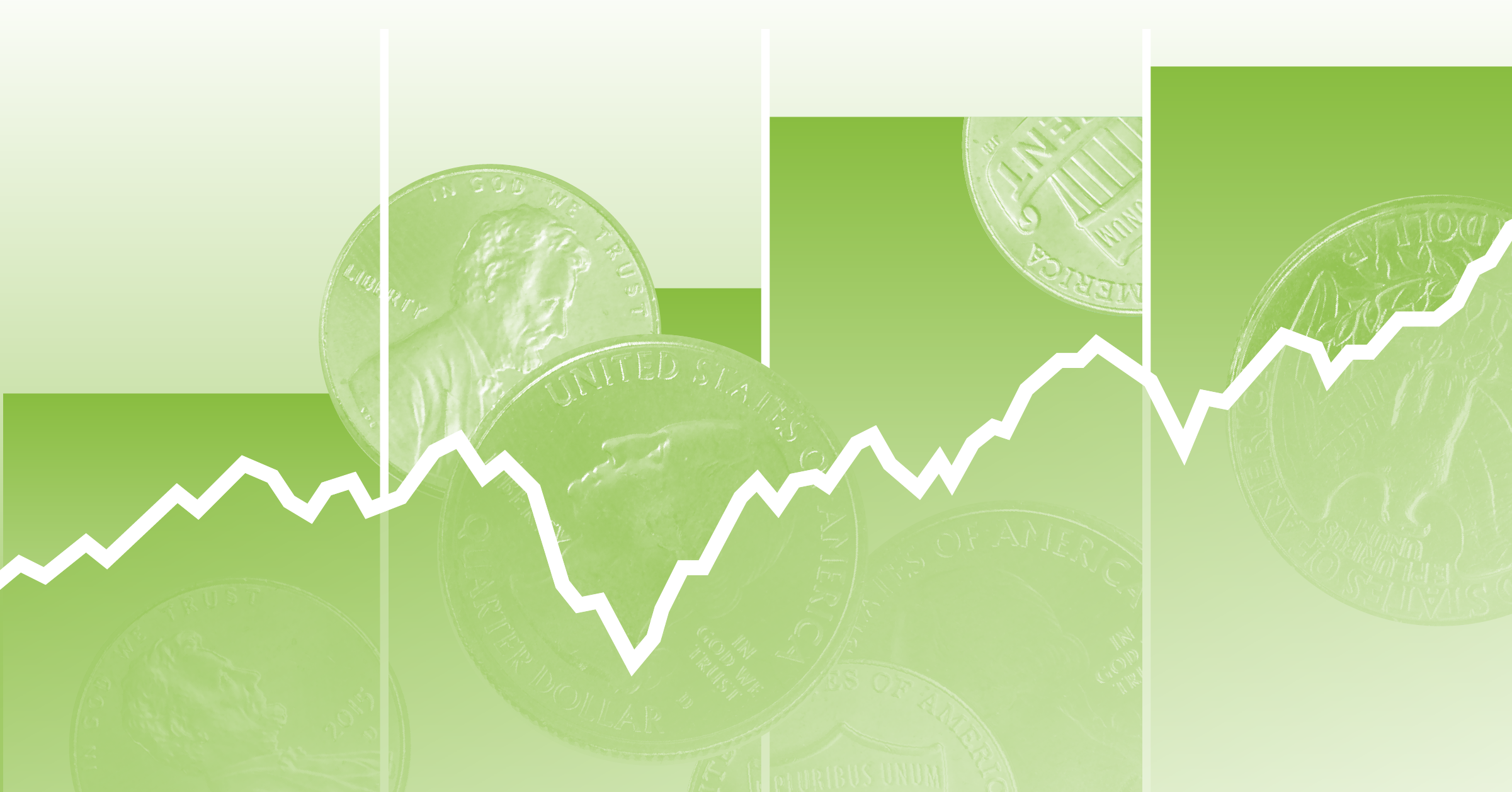 Illustration of a green bar graph with images of U.S. coins and a white line graph on top of the bar graph in front of a light green background depicting increasing dividends