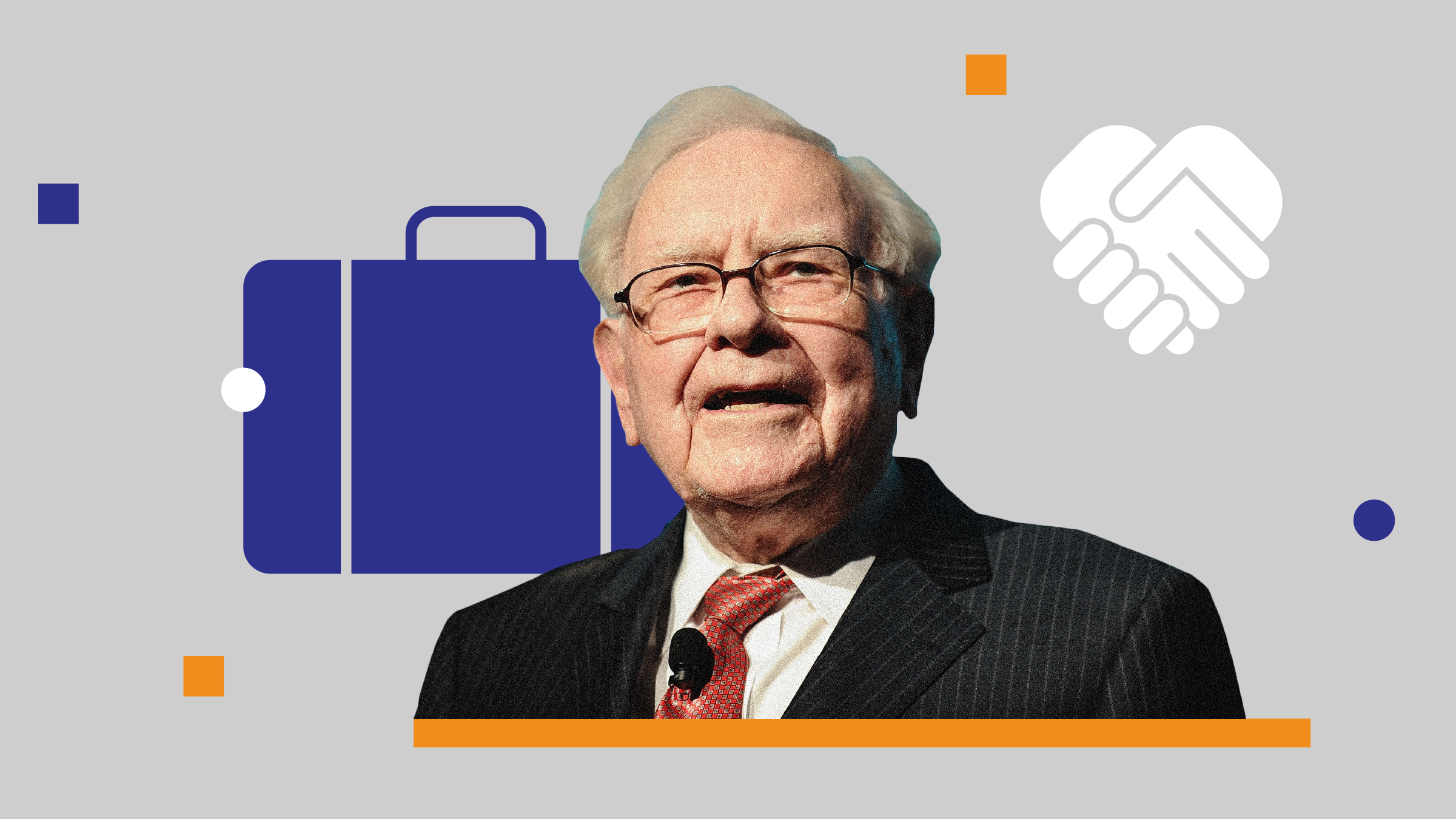 Illustration of Warren Buffett with portfolio and handshake icons