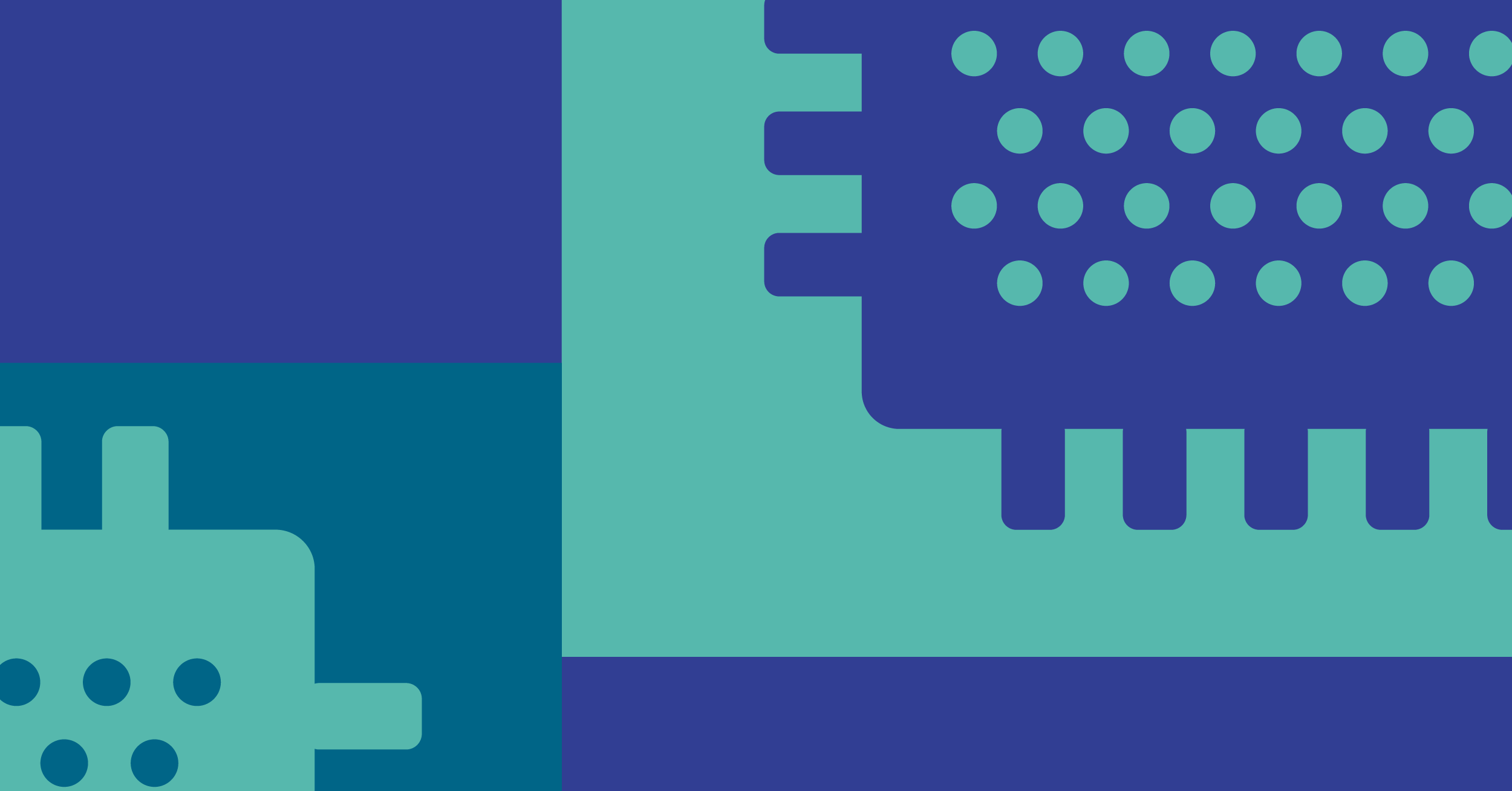 Illustration of part of a dark blue semiconductor outlined in teal and part of a teal semiconductor outlined in dark teal in front of a dark blue background depicting the semiconductor industry