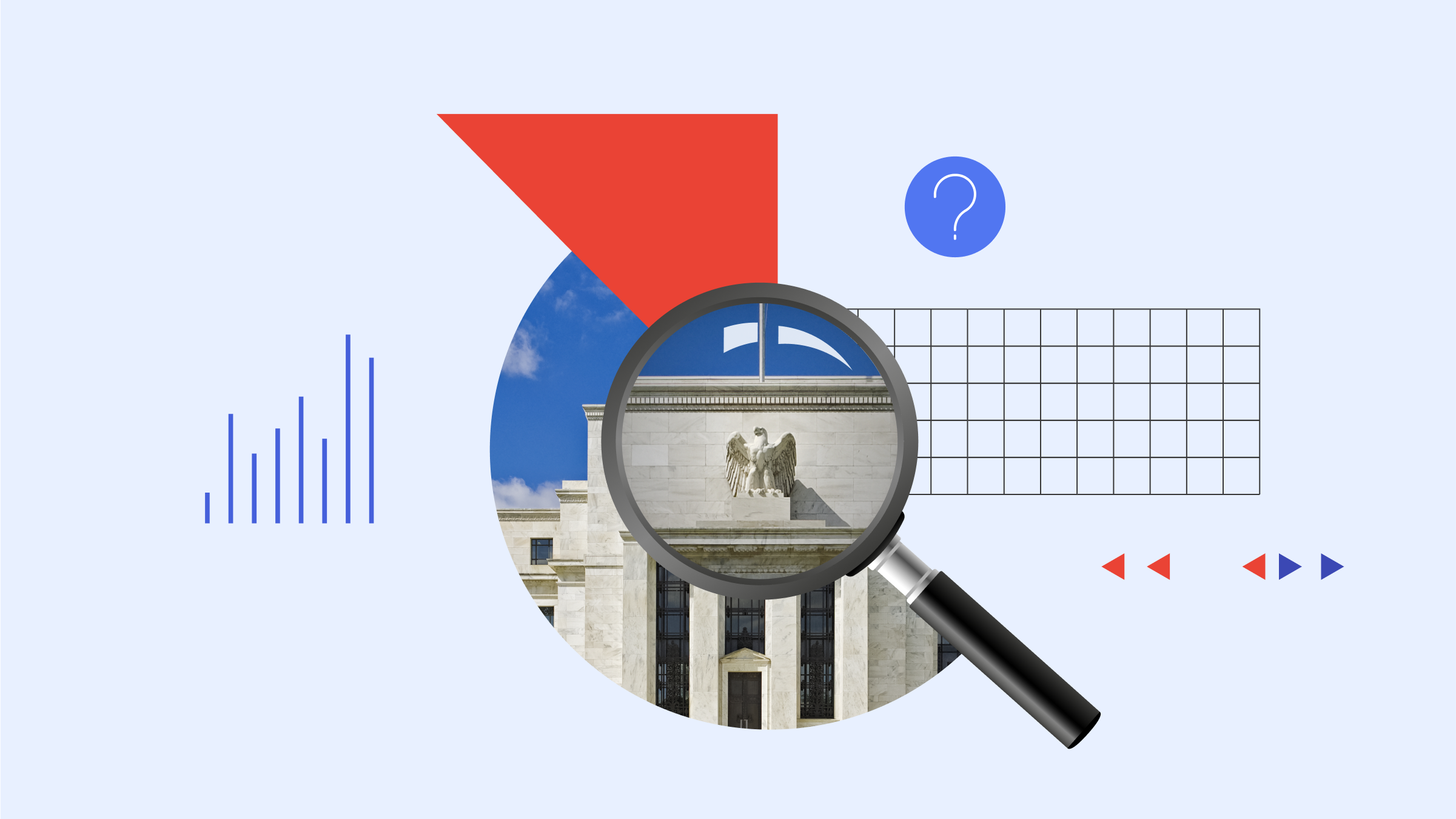 Illustration de collage représentant la Réserve fédérale sous une loupe avec des éléments graphiques en arrière-plan.