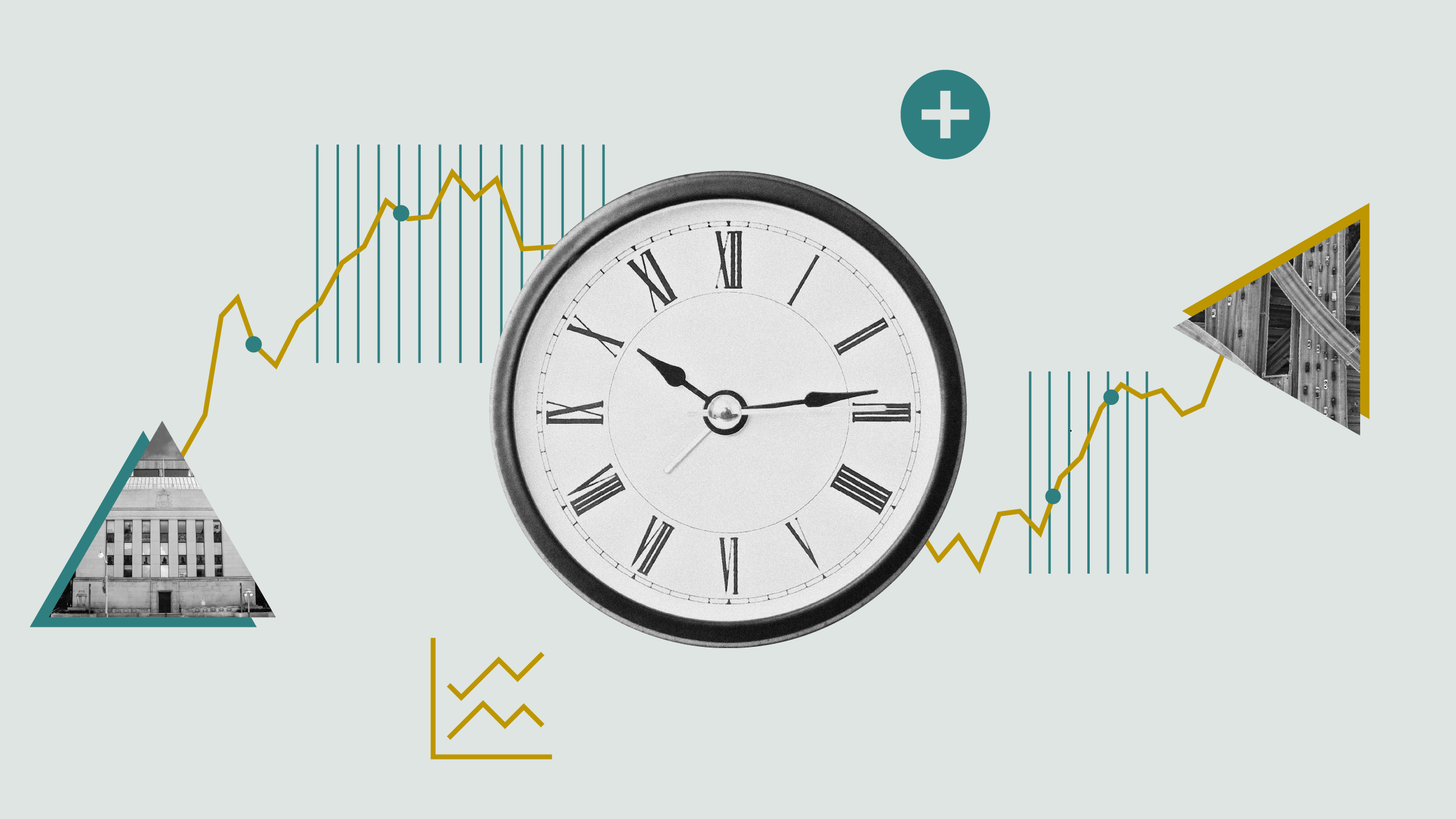 Illustration collage of clock with graphical elements pointing up and down