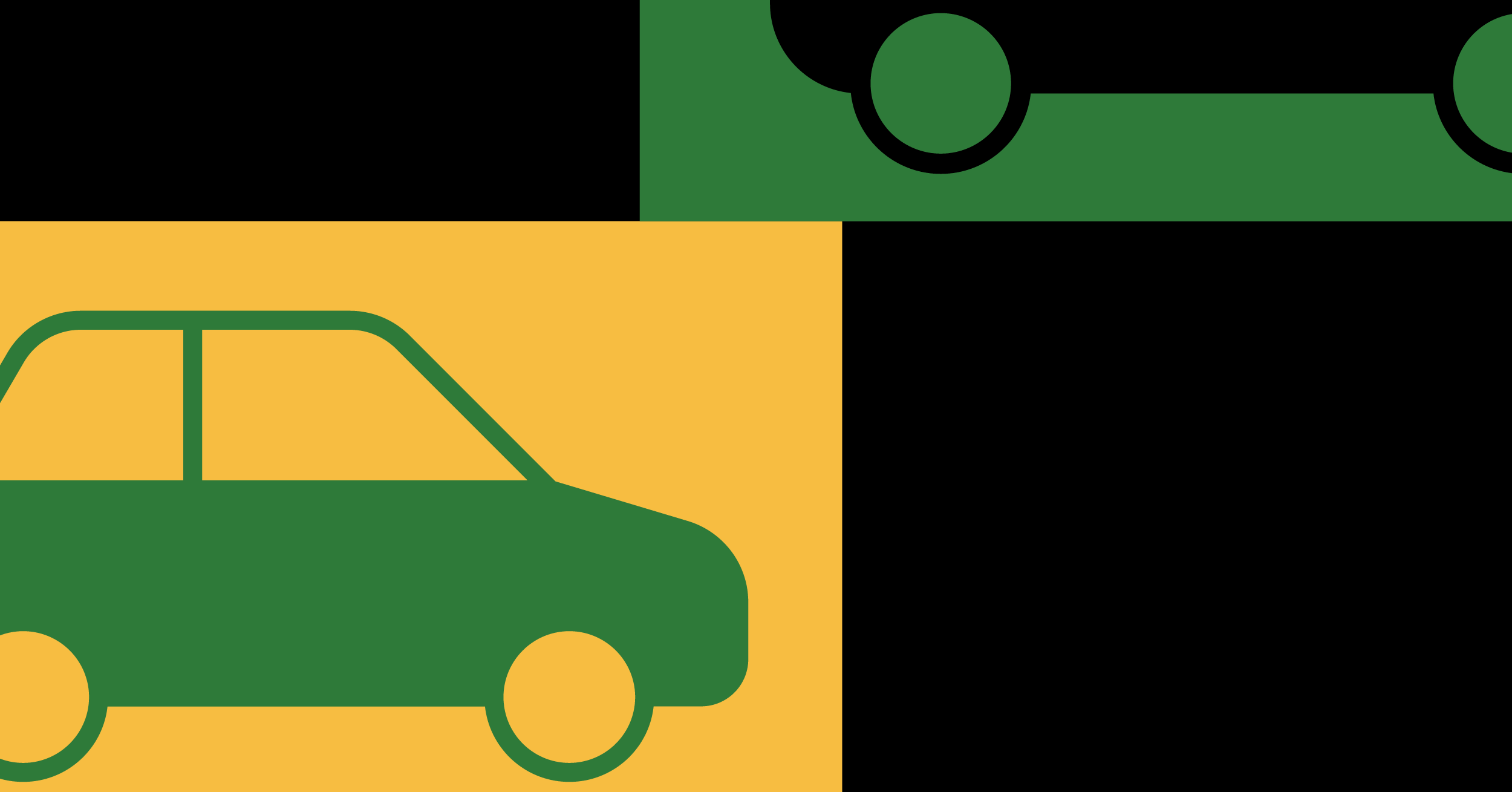 Illustration of a green car outlined in yellow and half of a black car outlined in green in front of a black background depicting the auto manufacturers industry