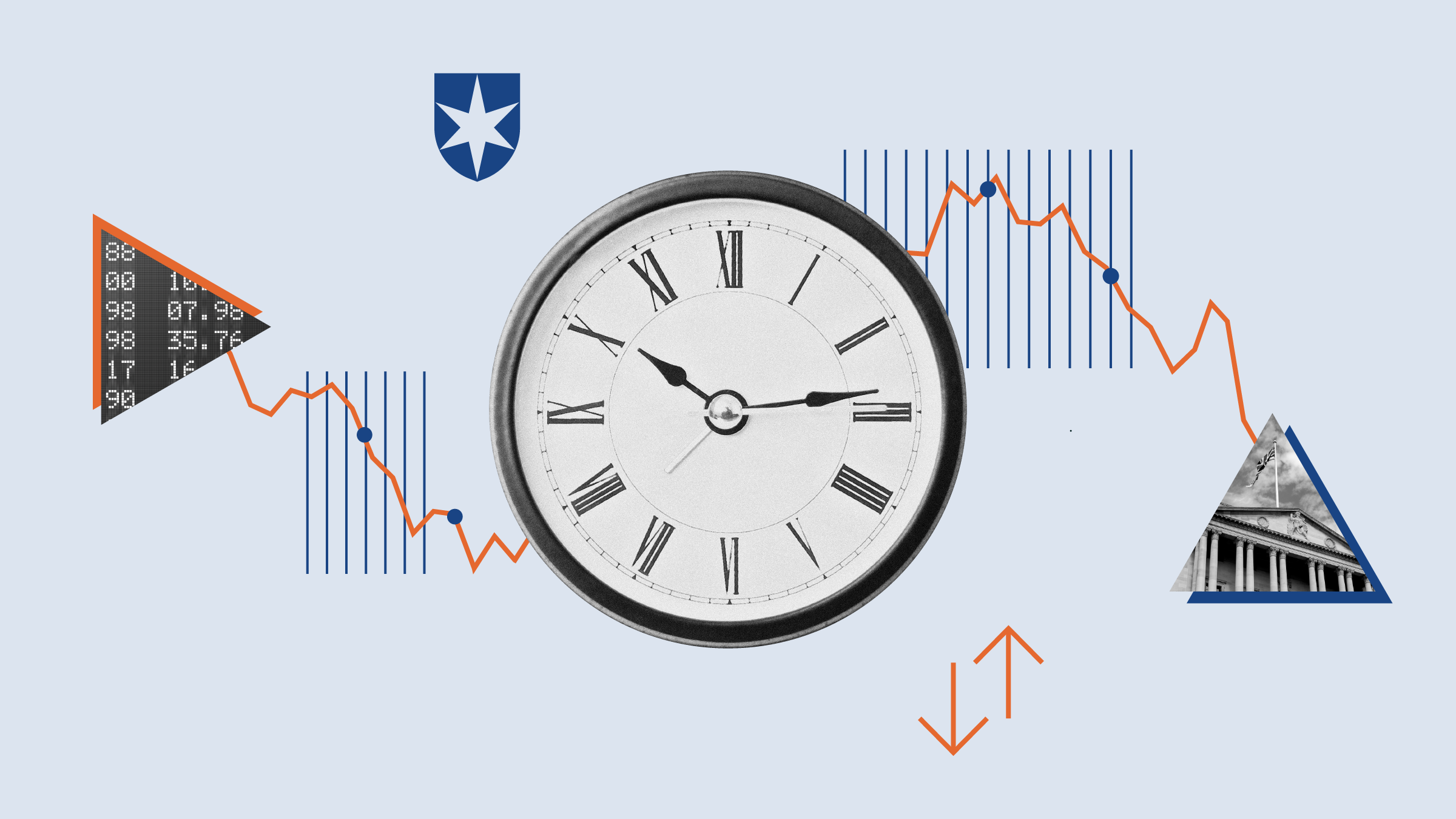 Illustration collage of clock with graphical elements pointing up and down