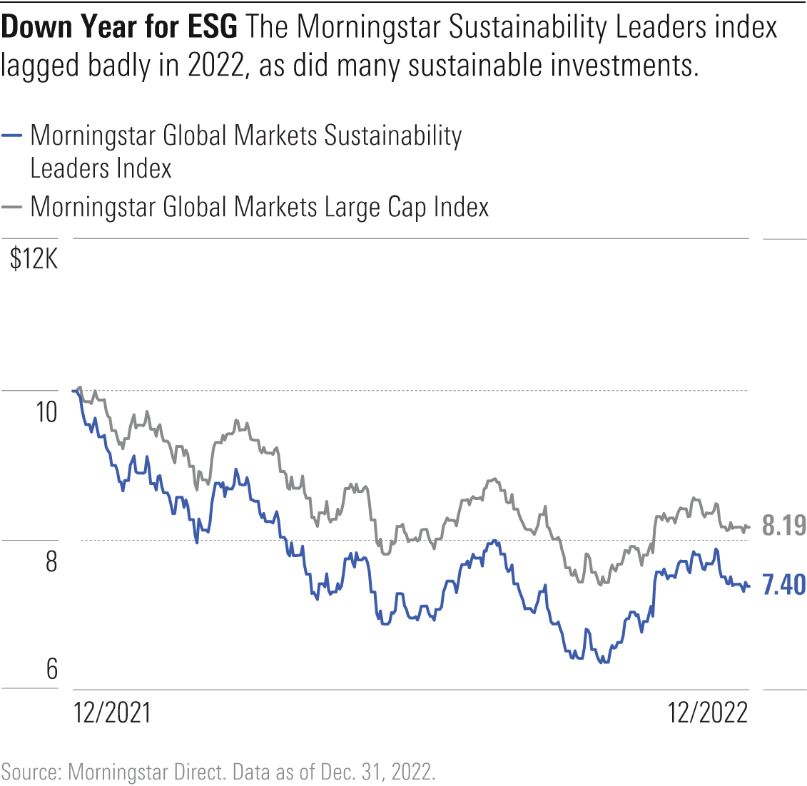 Line chart shows that the Morningstar Sustainability Leaders index declined more than the Morningstar Global Markets Large Cap Index.