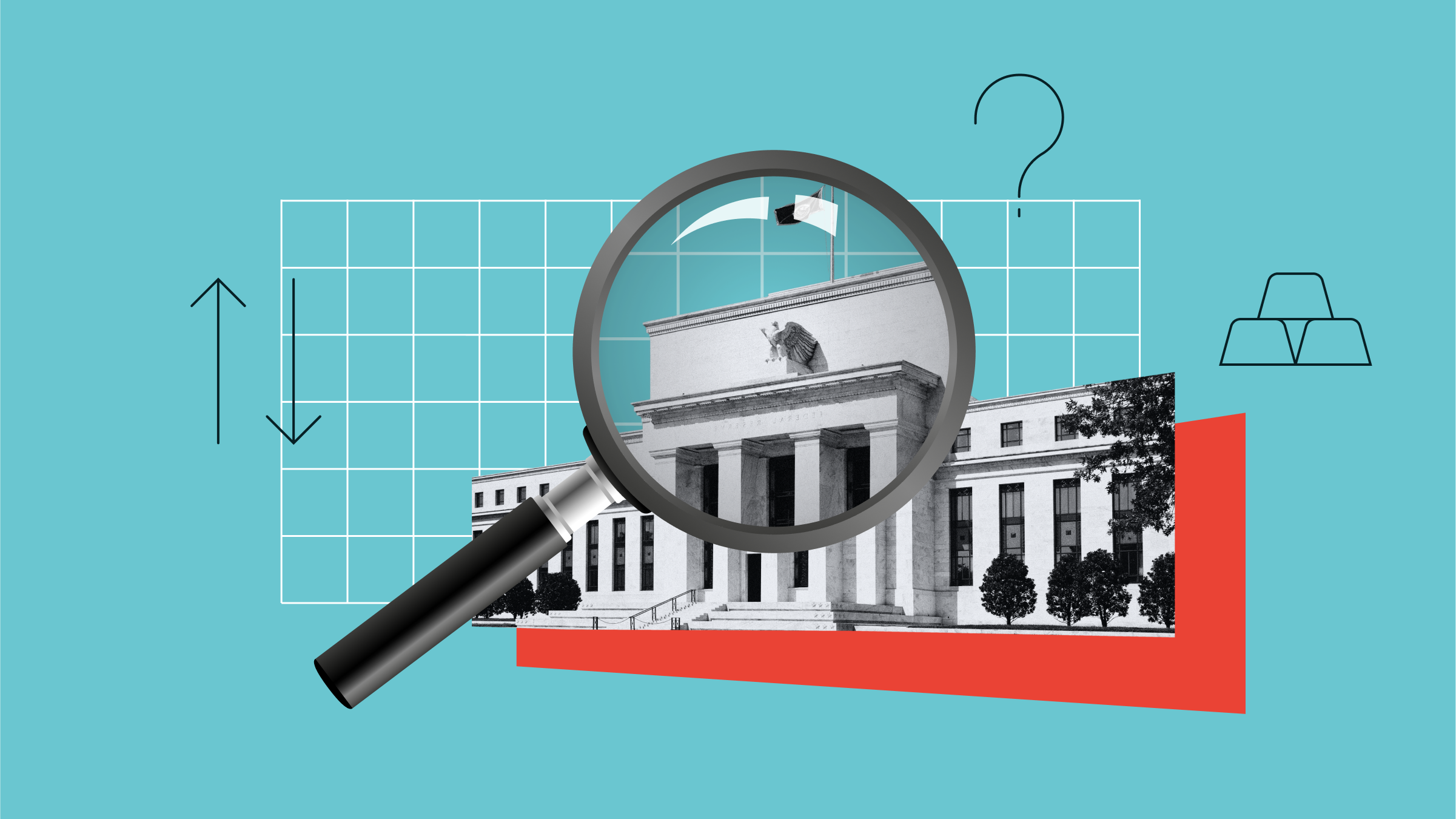 Collageillustration föreställande Federal Reserve under ett förstoringsglas med grafiska element i bakgrunden.
