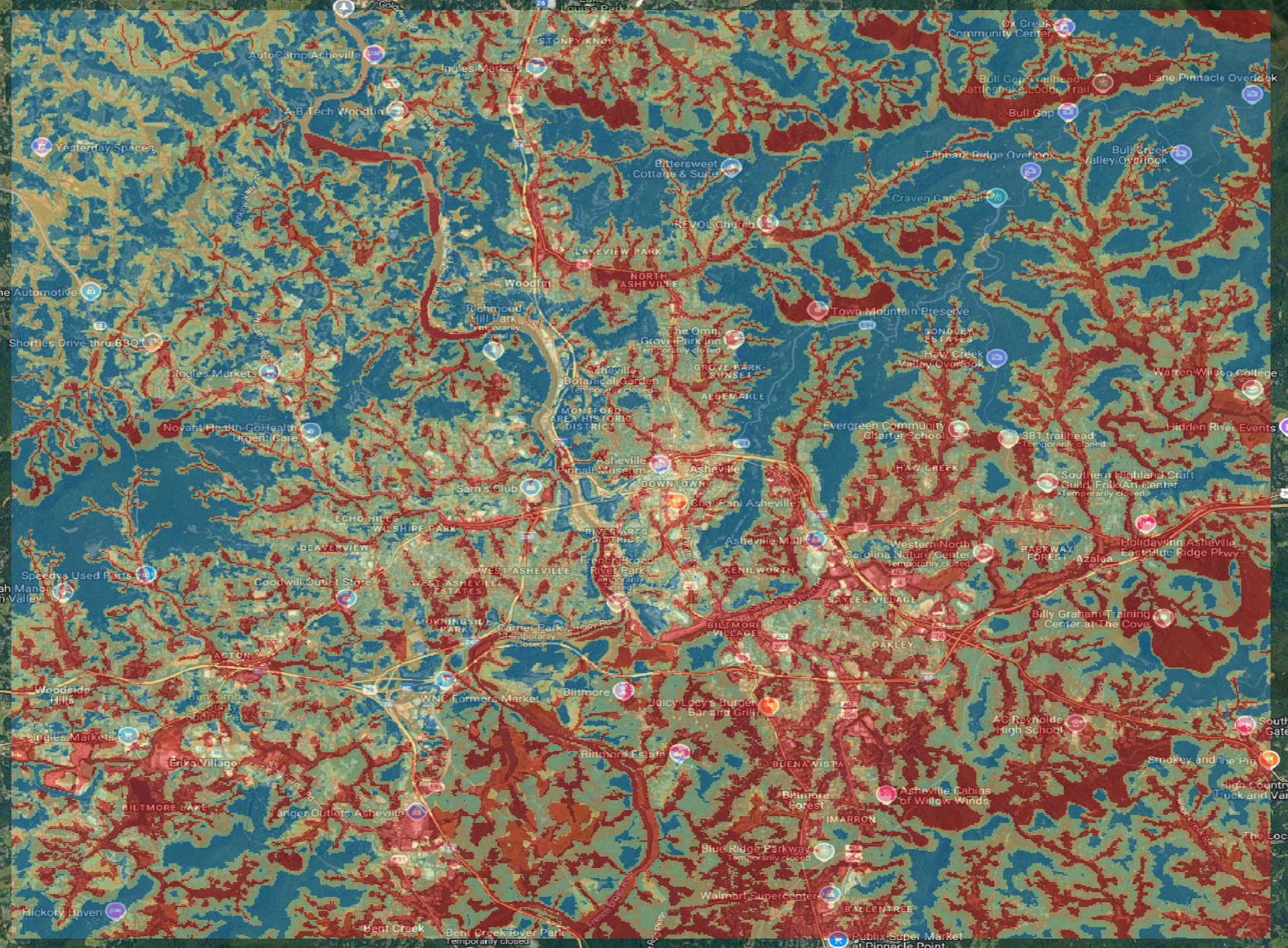 Map showing in red the rainfall-related flooding in Asheville, NC