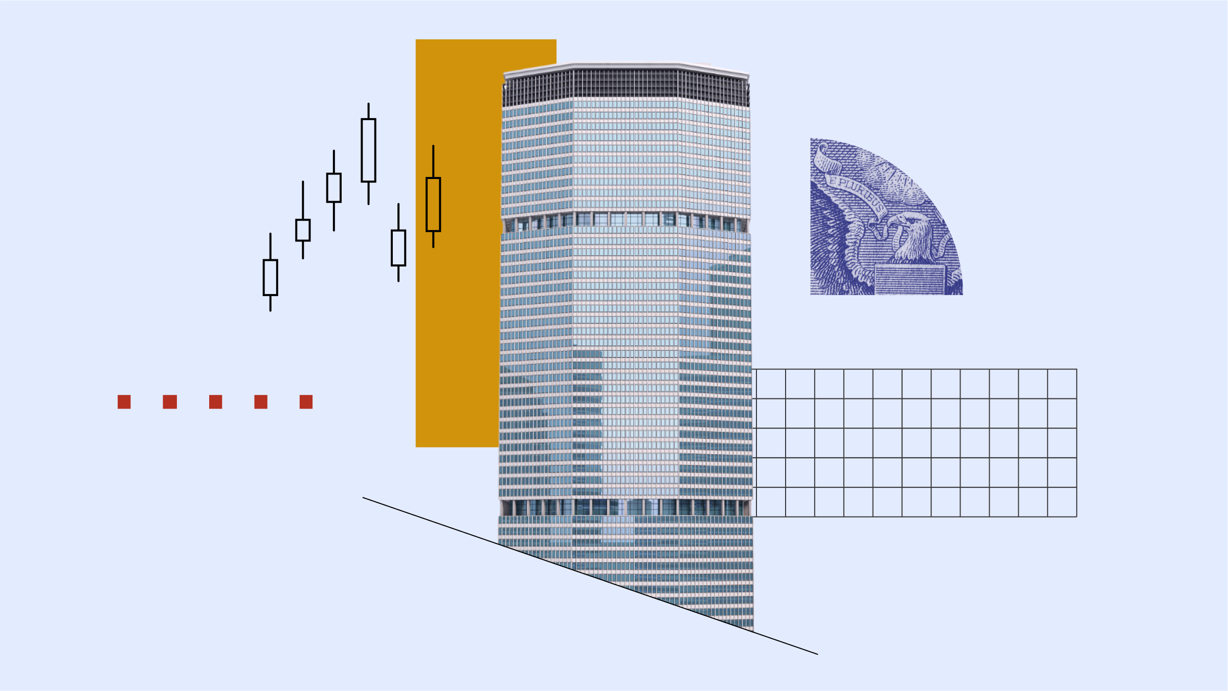 Collage illustration featuring company building with imagery of stock whiskers and market performance in the background