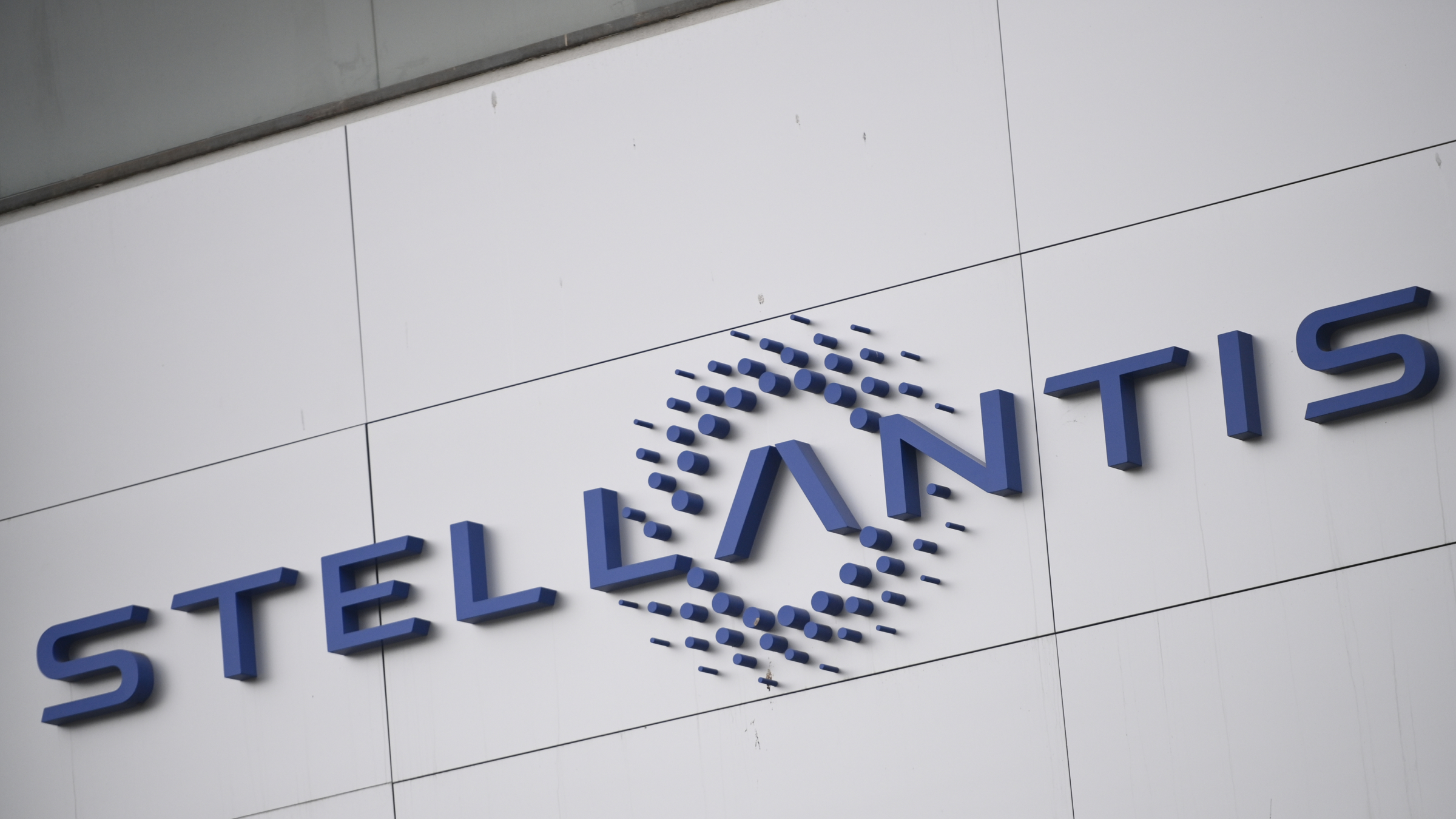 General view of Stellantis logo on building exterior.