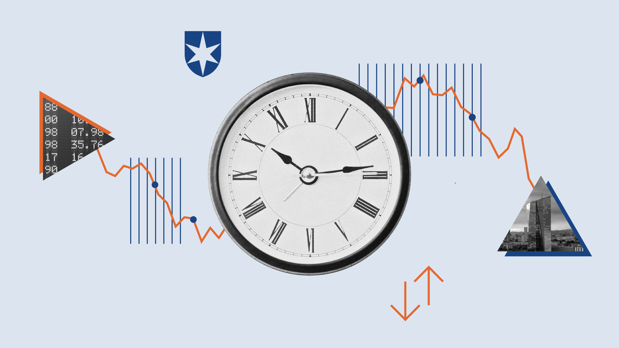 Illustration collage of clock with graphical elements pointing up and down