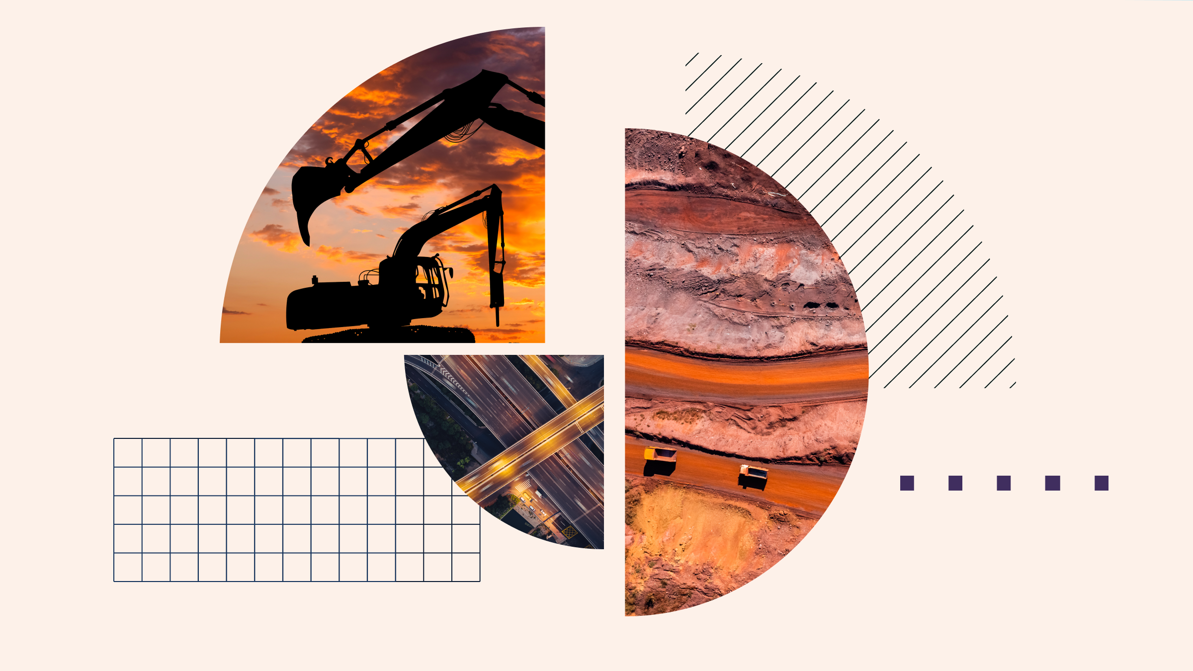 Collage-illustratie met mijnen, industriële apparatuur en infrastructuur in een taartdiagram.