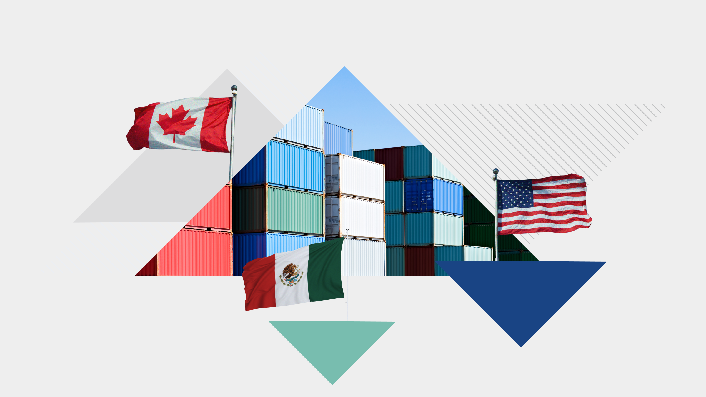 Collage illustration of a cargo, U.S., Mexico and Canada flags, and volatility symbols.